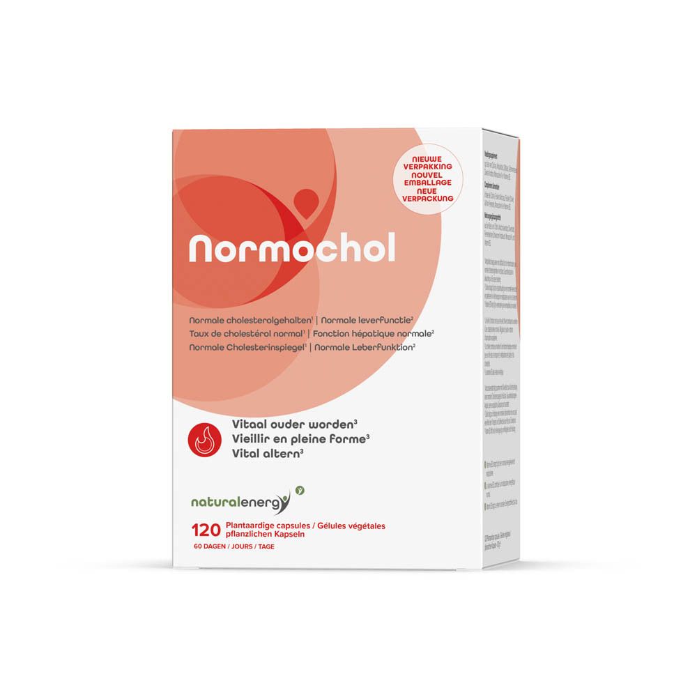 Verpakking van Normochol, 120 capsules. Informatie over cholesterol en leverfunctie. Merk: Natural Energy.