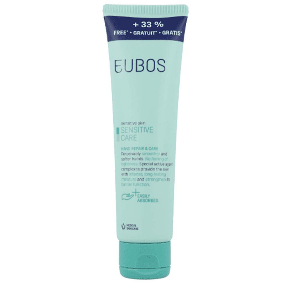 Tube vert clair avec bouchon bleu. Inscription : EUBOS, Sensitive Care, Hand Repair & Care. +33% Gratuit.