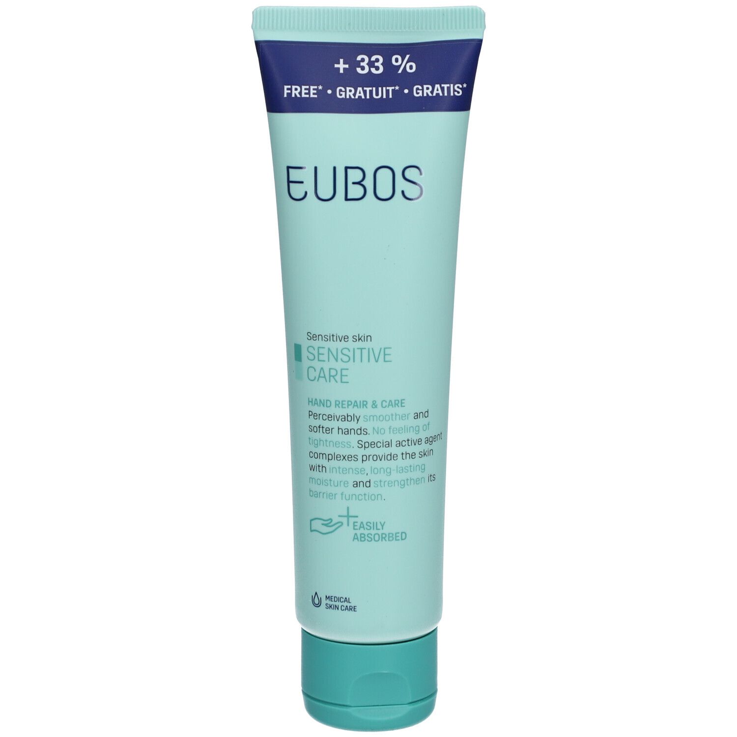 Tube vert clair avec bouchon bleu. Inscription : EUBOS, Sensitive Care, Hand Repair & Care. +33% Gratuit.