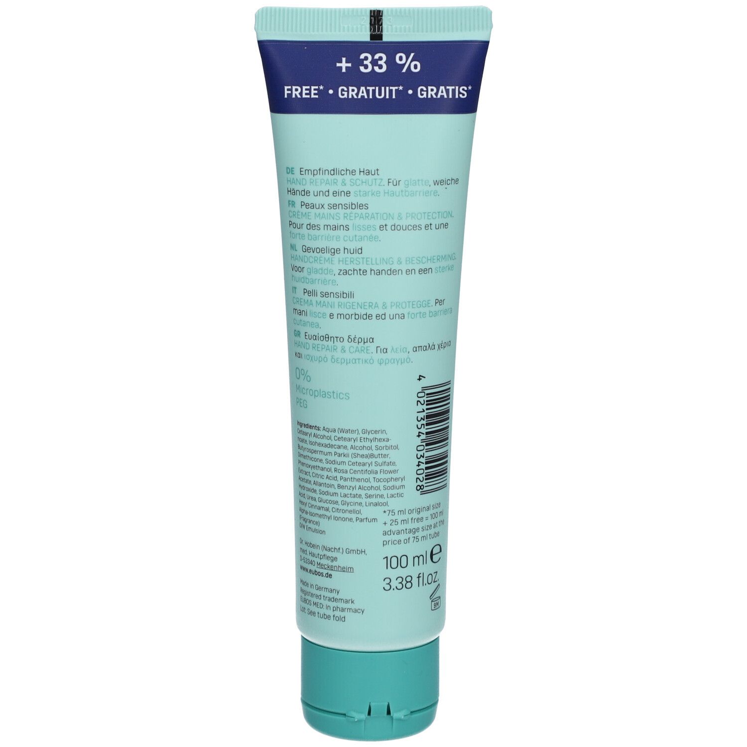 Dos du tube vert clair. Texte en allemand, anglais, français, néerlandais. Contient 100 ml.