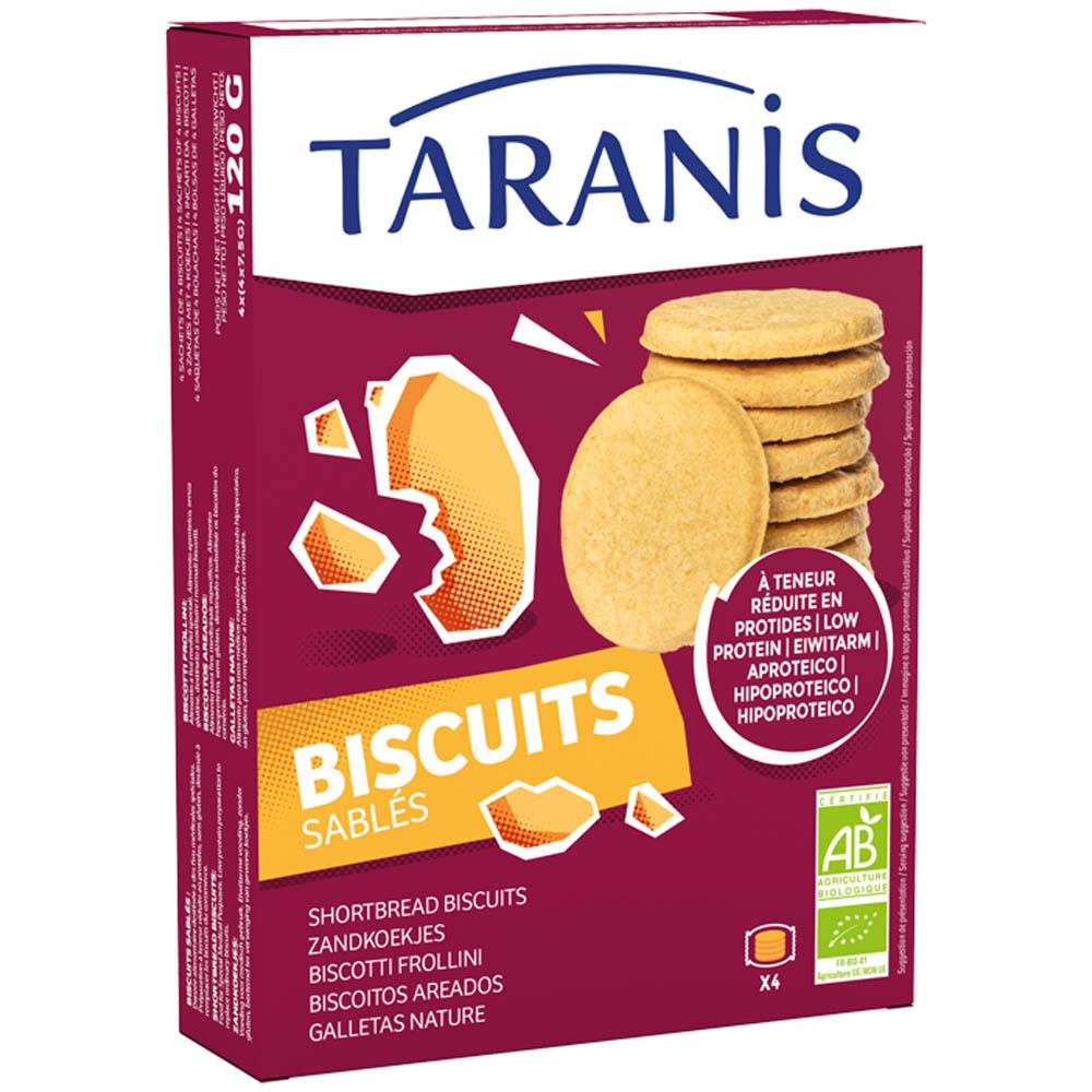 Boîte Taranis Biscuits Sablés. Texte: A teneur réduite en protéines. Certification bio. Biscuits visibles.