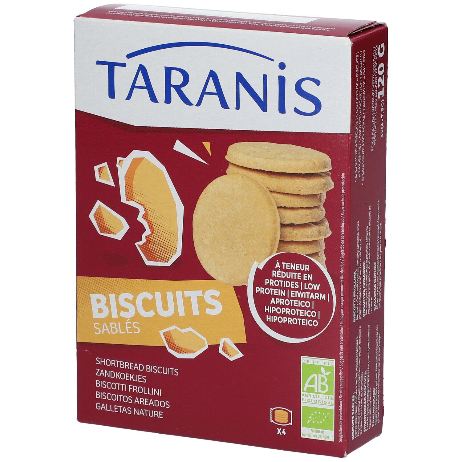 Boîte de Biscuits Sablés Taranis. Texte: A teneur réduite en protéines. Certification bio.