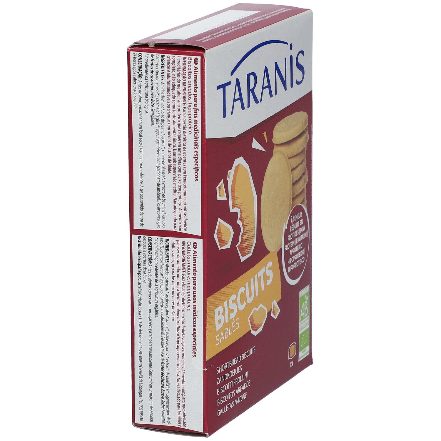 Vue oblique de la boîte Taranis Biscuits Sablés. Texte: Biscuits Sablés, A teneur réduite en protéines.