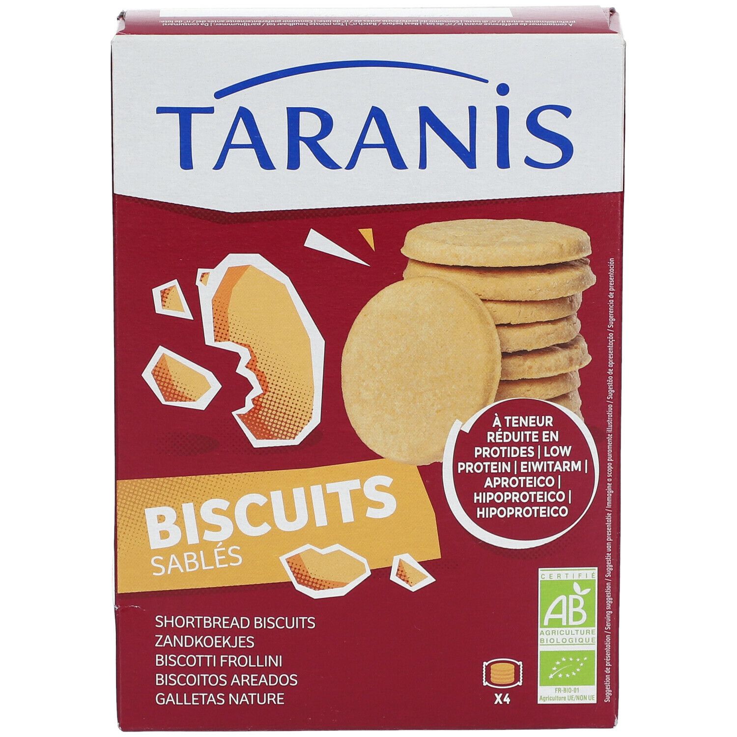 Boîte Taranis Biscuits Sablés. Texte: A teneur réduite en protéines. Certification bio. Biscuits visibles.