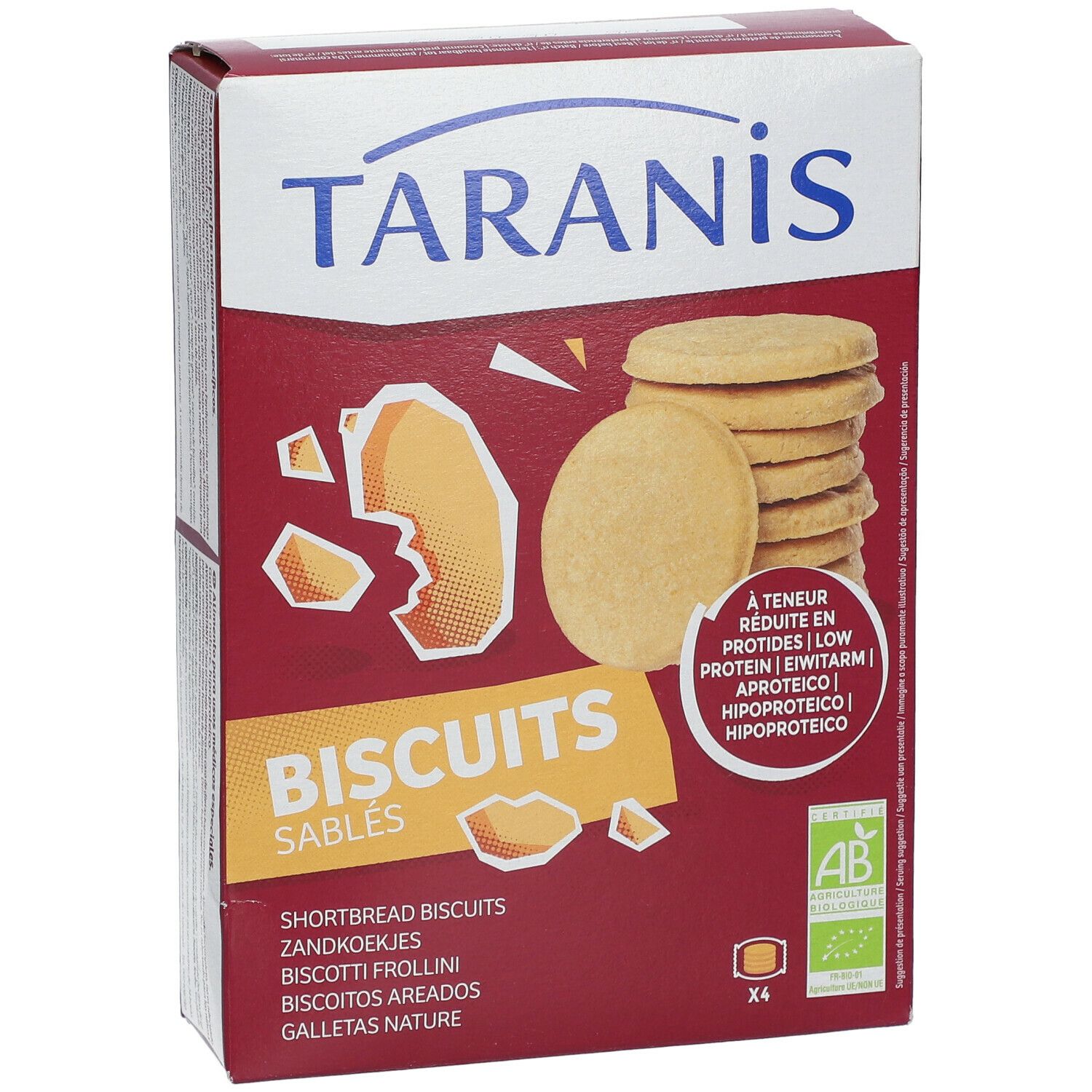 Boîte Taranis Biscuits Sablés. Texte: A teneur réduite en protéines. Certification bio. Biscuits visibles.