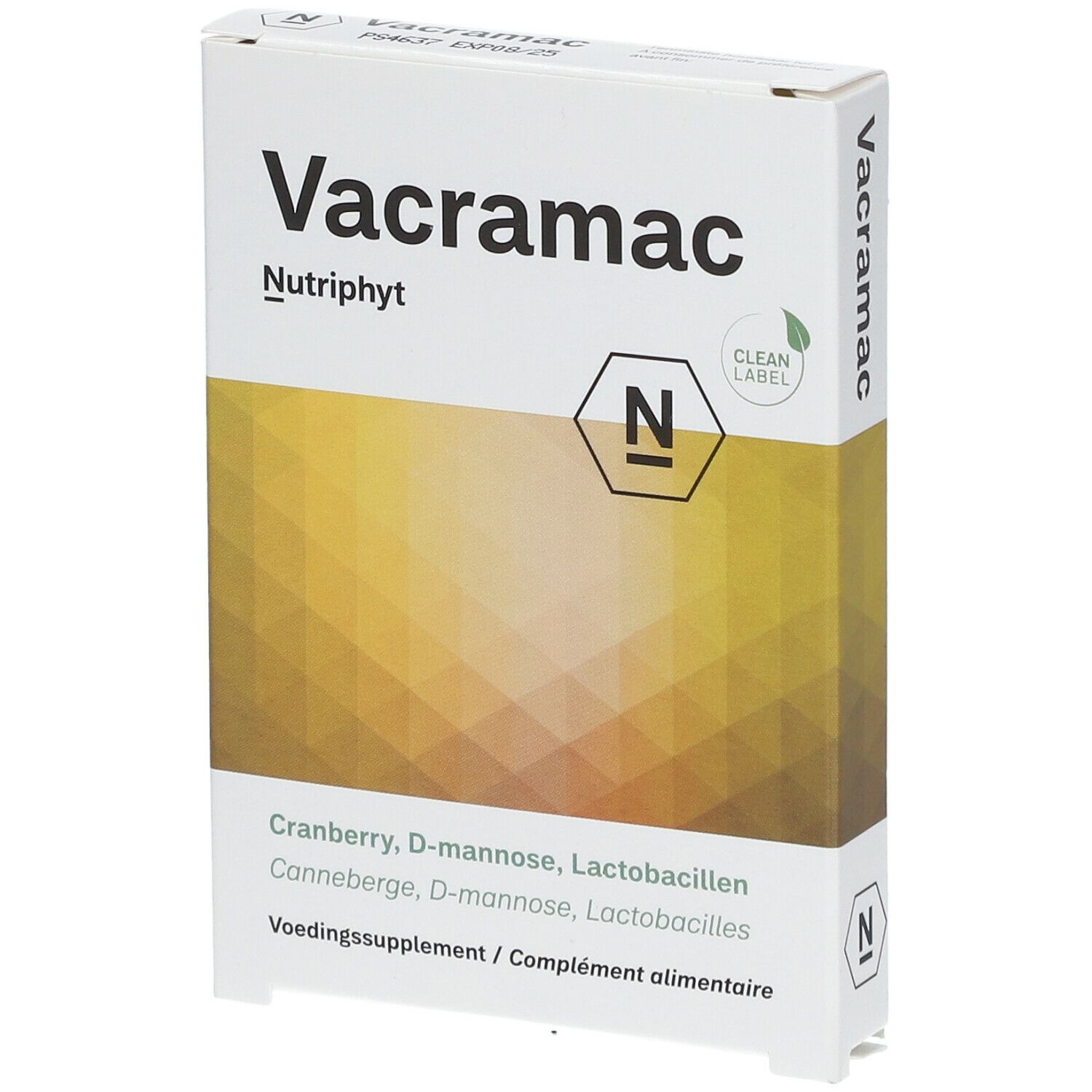 Witte doos met "Vacramac" en "Nutriphyt". Bevat cranberry, D-mannose en lactobacillen. "Clean Label" logo.