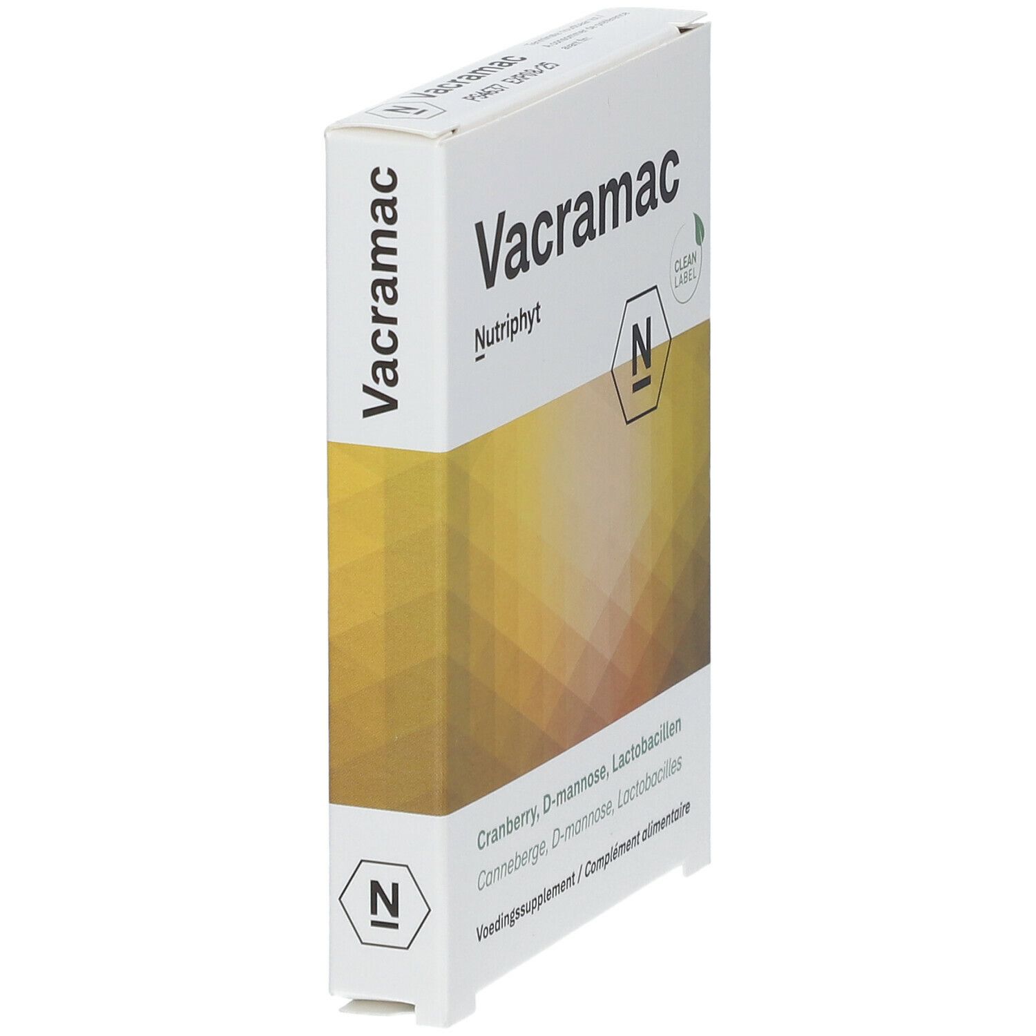 Witte doos "Vacramac" en "Nutriphyt". Schuine hoek. Bevat cranberry, D-mannose en lactobacillen.