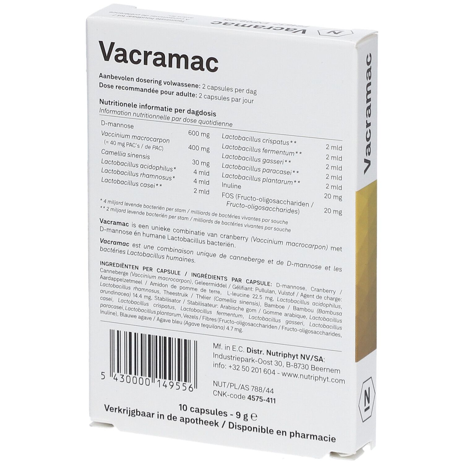 Achterkant verpakking "Vacramac". Bevat voedingswaarde-informatie en ingrediëntenlijst. 10 capsules, 9 g.
