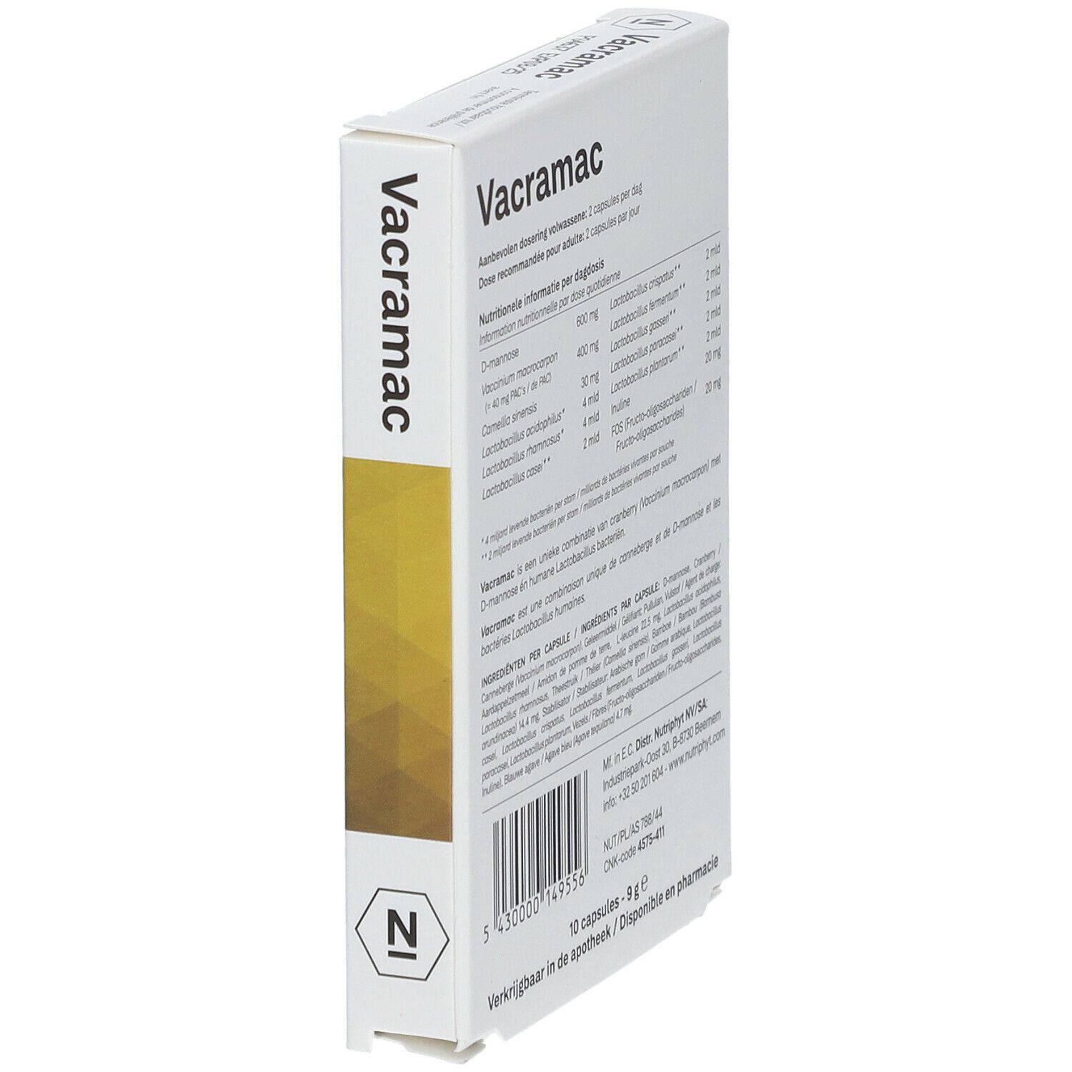 Schuine hoek van de verpakking "Vacramac". Bevat voedingswaarde-informatie en ingrediëntenlijst. 10 capsules, 9 g.