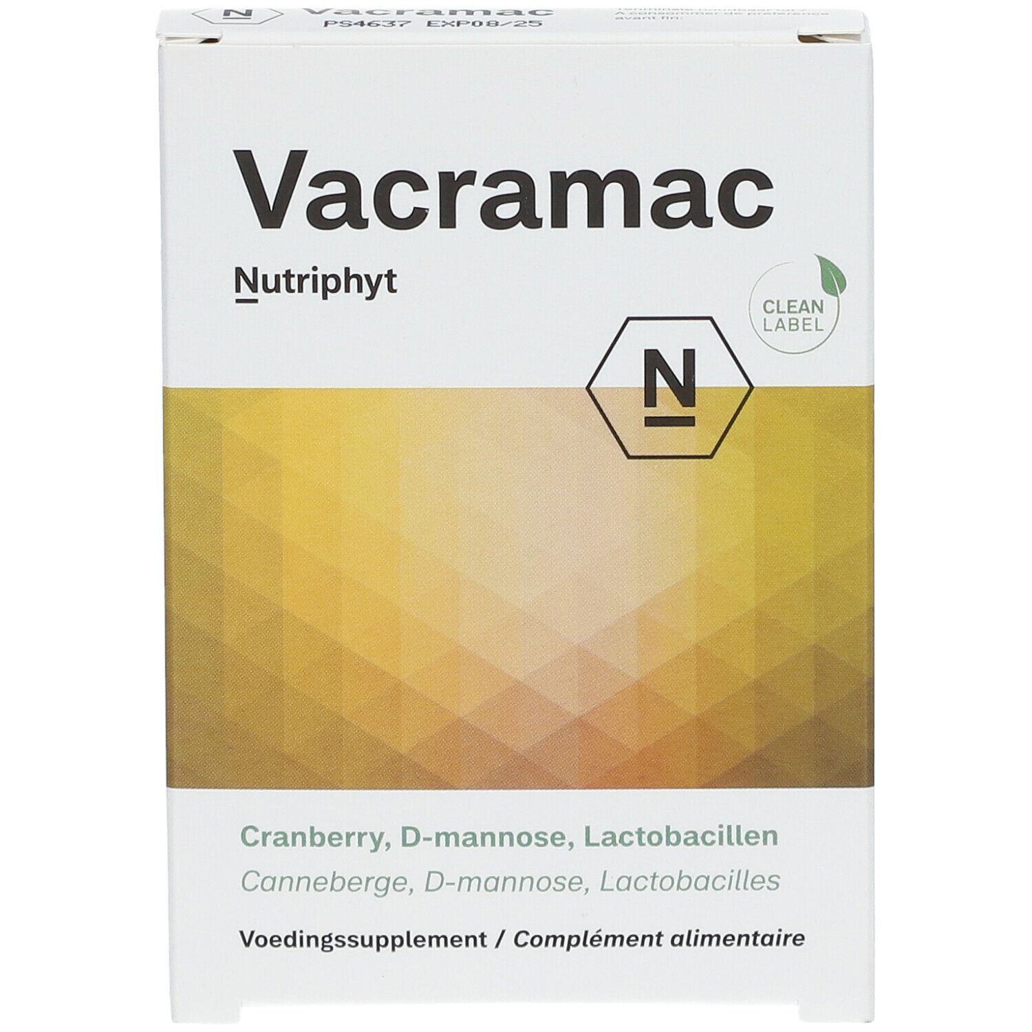 Witte doos met "Vacramac" en "Nutriphyt". Bevat cranberry, D-mannose en lactobacillen. "Clean Label" logo.
