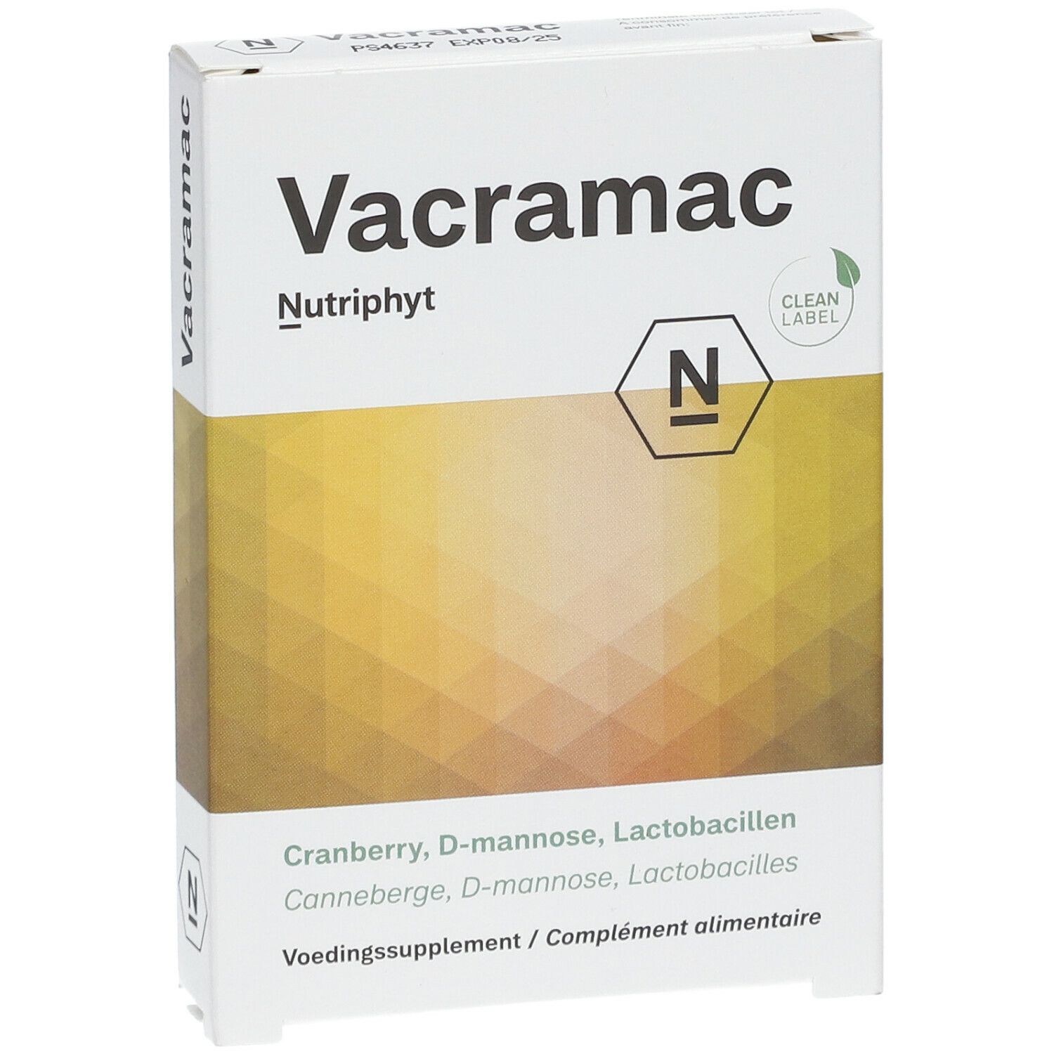 Witte doos met "Vacramac" en "Nutriphyt". Bevat cranberry, D-mannose en lactobacillen. "Clean Label" logo.