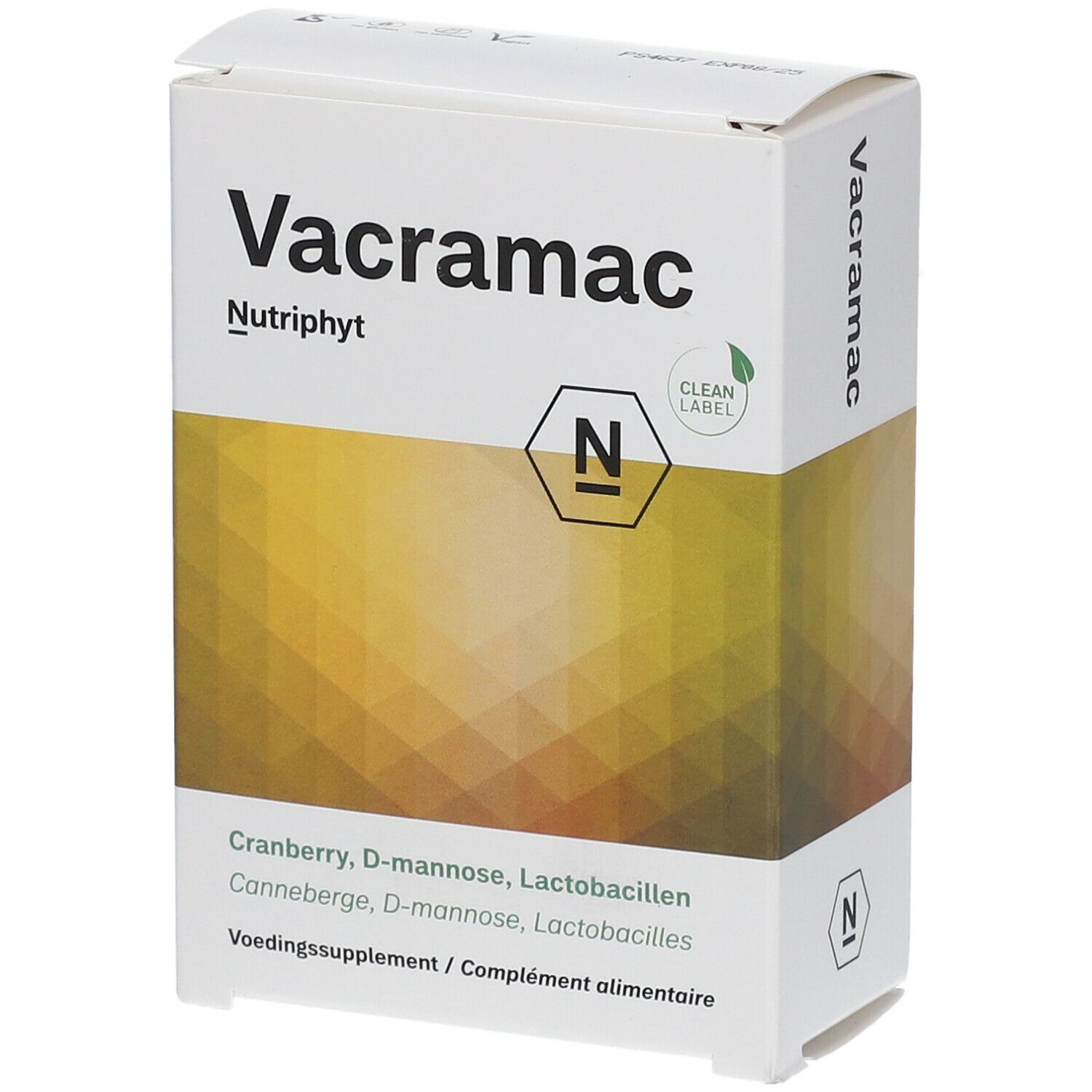 Boîte blanche avec le nom du produit Vacramac et Nutriphyt. Inscription : Cranberry, D-mannose, Lactobacillen. Clean Label.