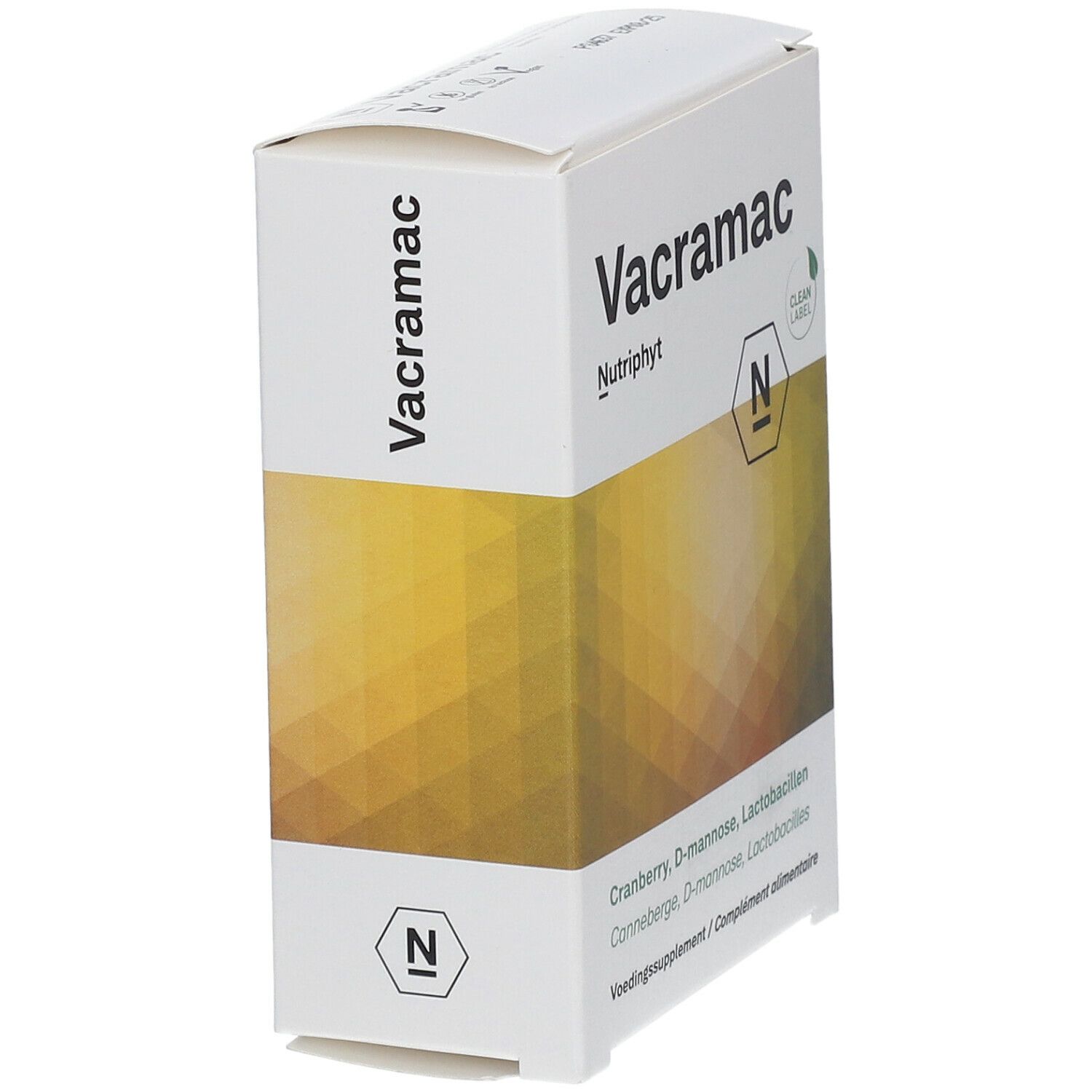 Boîte blanche avec le nom du produit Vacramac et Nutriphyt. Inscription : Cranberry, D-mannose, Lactobacillen. Clean Label.