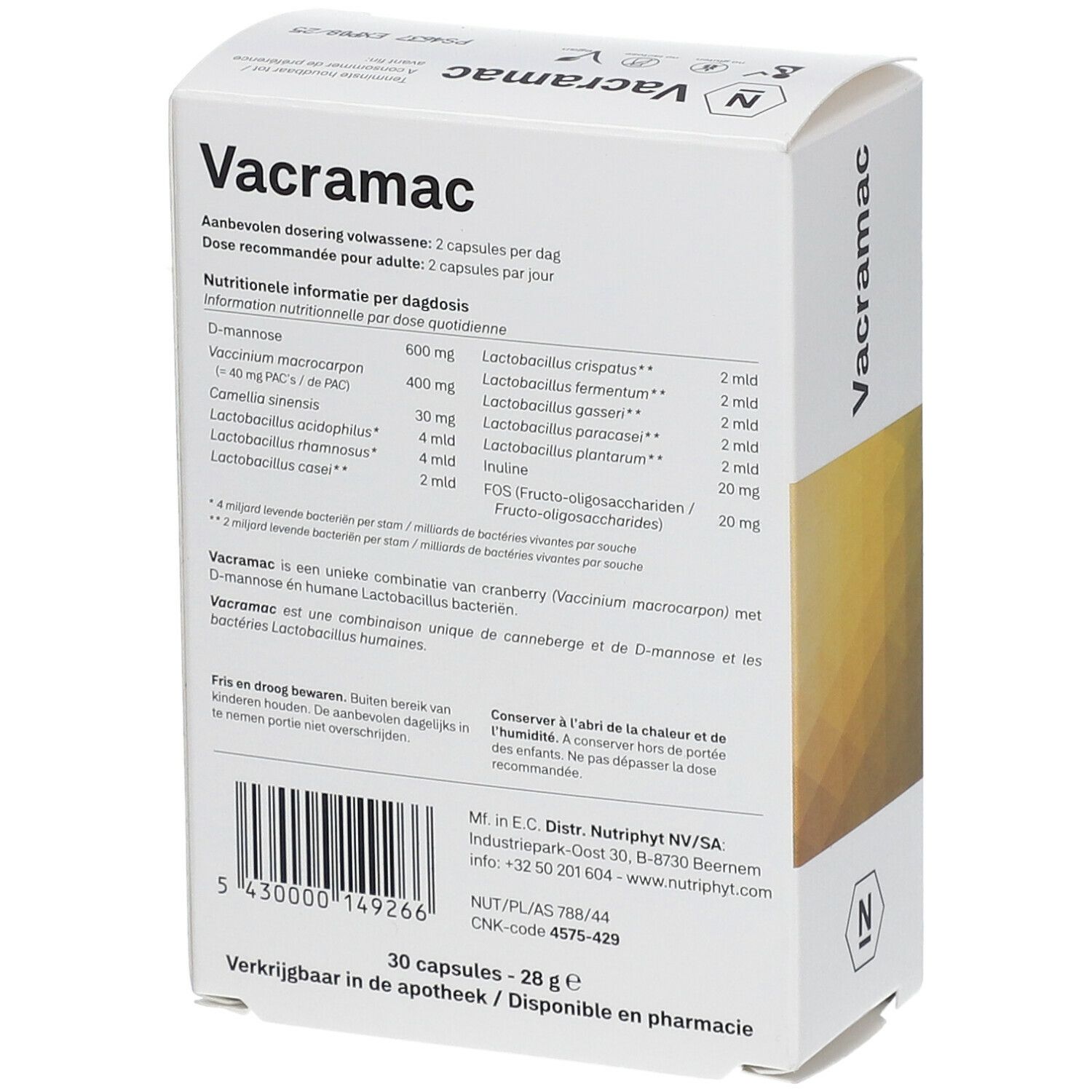 Boîte blanche avec informations produit. Contient informations nutritionnelles, dosage et ingrédients. 30 gélules, 28 g.