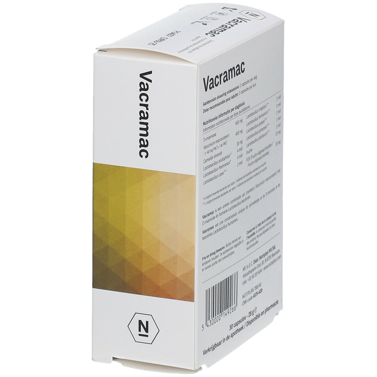 Boîte blanche avec le nom du produit Vacramac. Contient informations nutritionnelles, dosage et ingrédients. 30 gélules, 28 g.