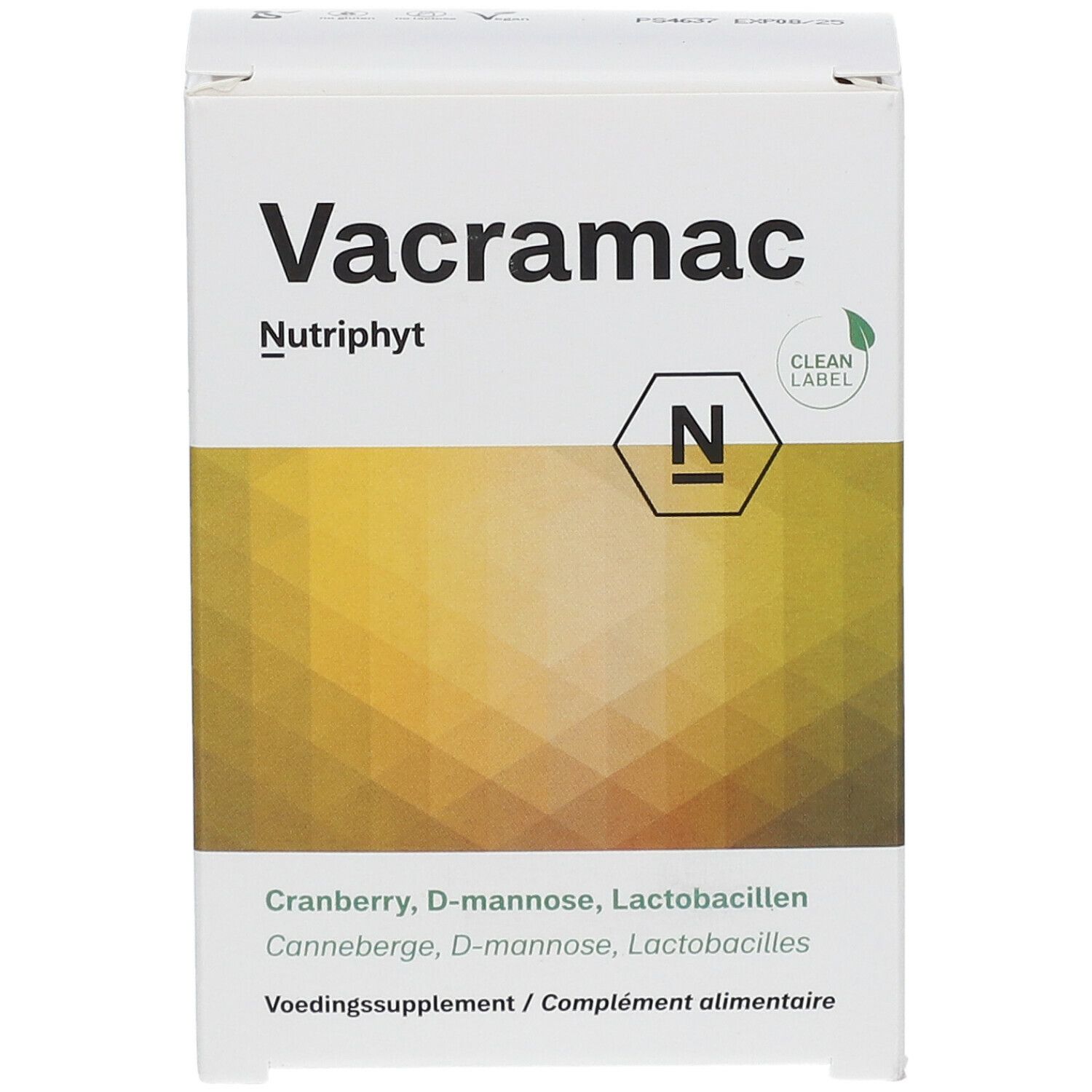 Boîte blanche avec le nom du produit Vacramac et Nutriphyt. Inscription : Cranberry, D-mannose, Lactobacillen. Clean Label.