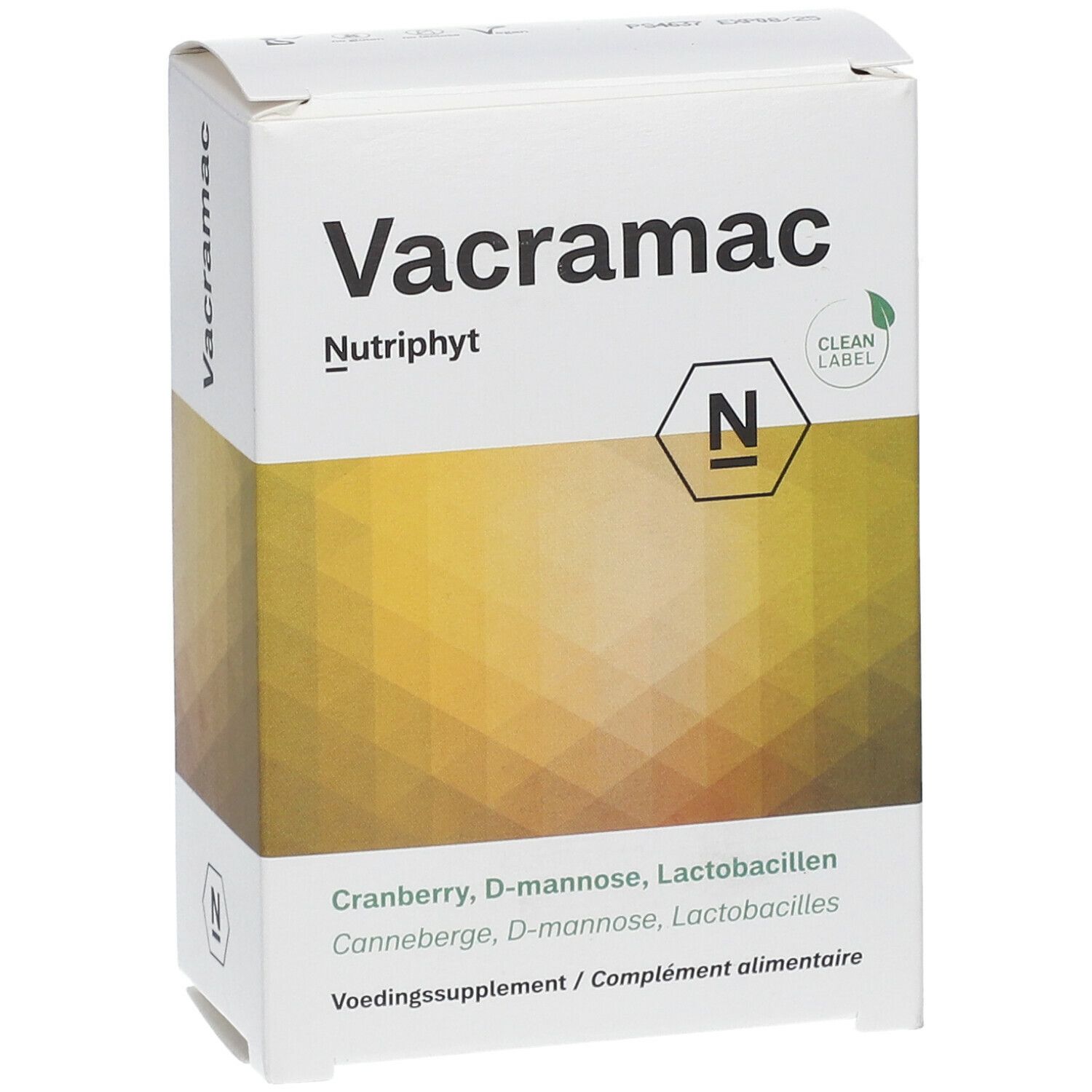 Boîte blanche avec le nom du produit Vacramac et Nutriphyt. Inscription : Cranberry, D-mannose, Lactobacillen. Clean Label.