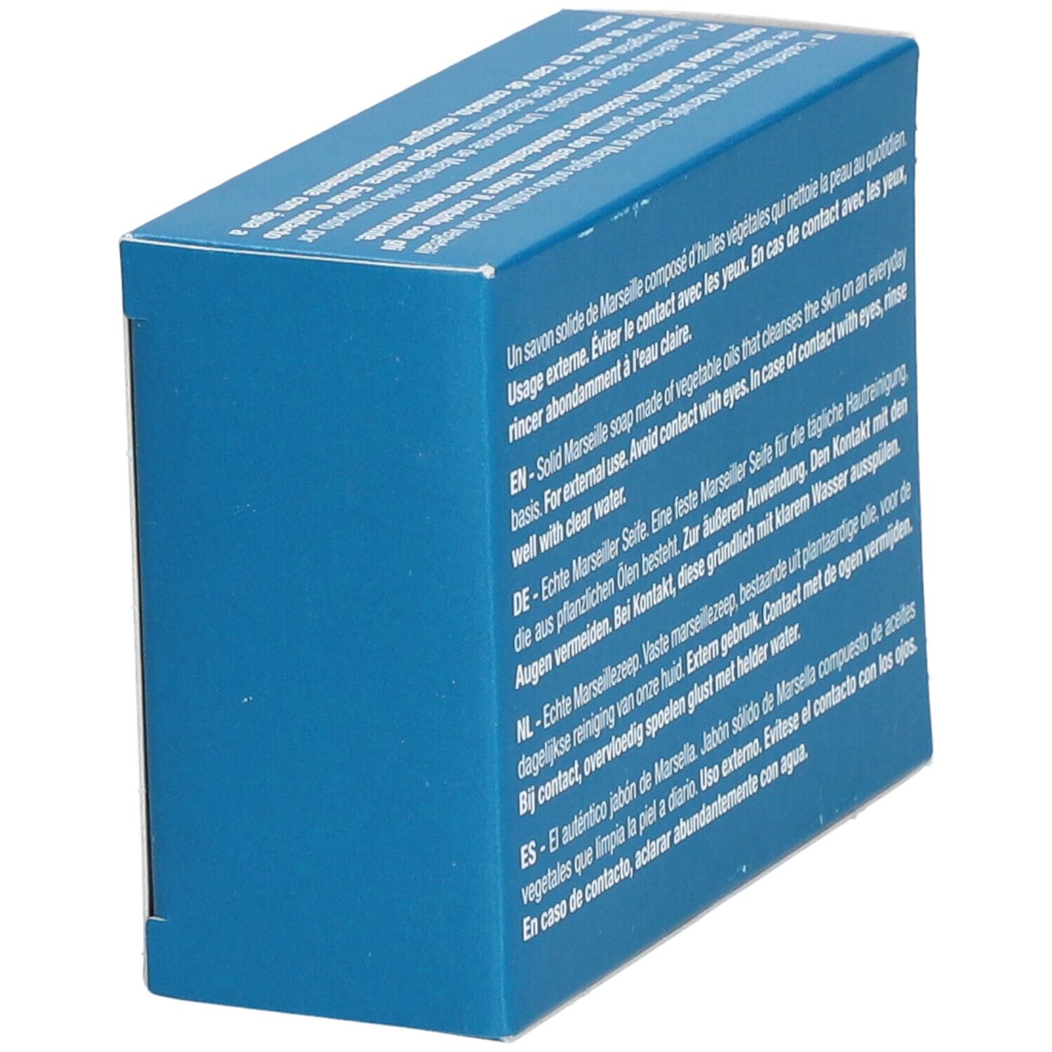 Blaue Schachtel mit Text in mehreren Sprachen. Enthält Informationen zur Anwendung und Inhaltsstoffen.