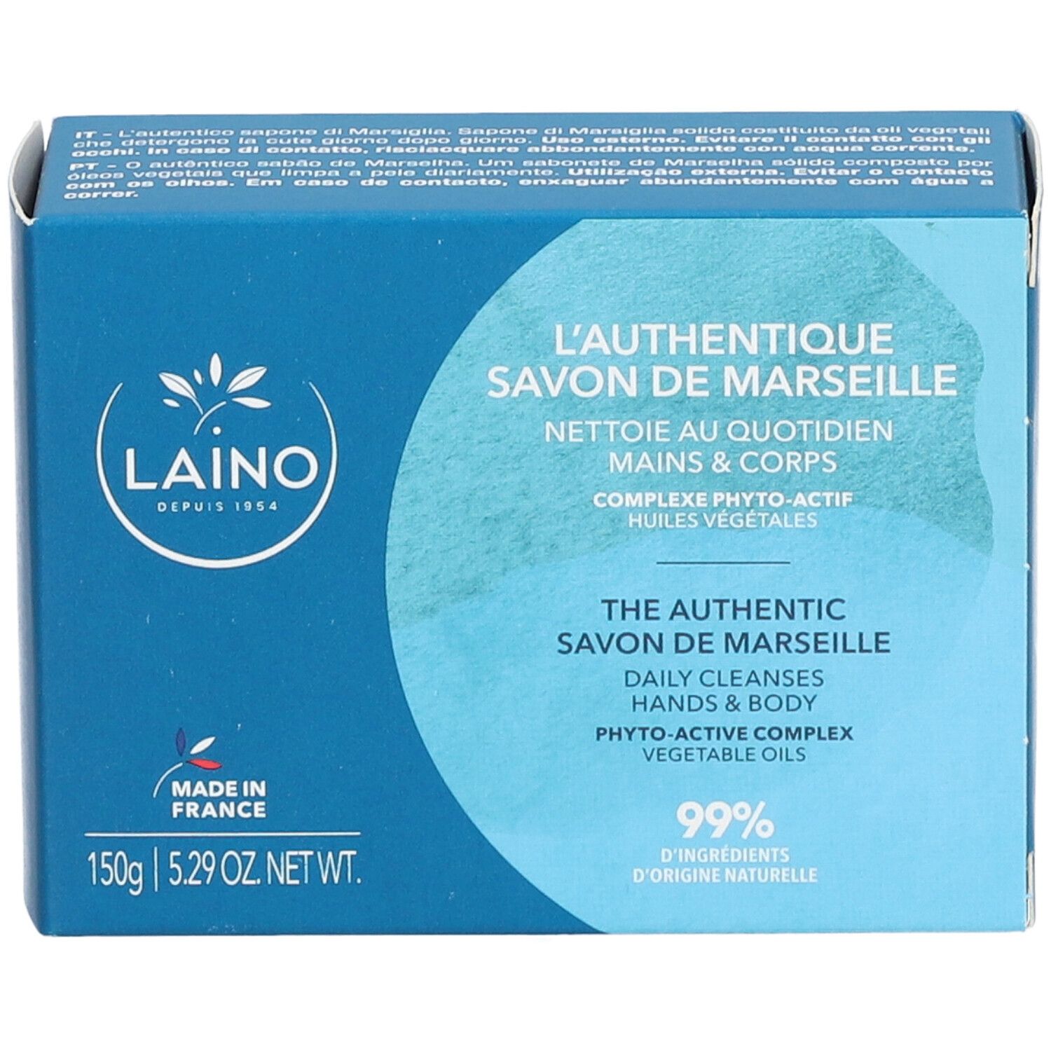 Blaue Schachtel mit Laino Savon Marseille Solide. Text: L'Authentique Savon de Marseille, 99% Inhaltsstoffe natürlichen Ursprungs.