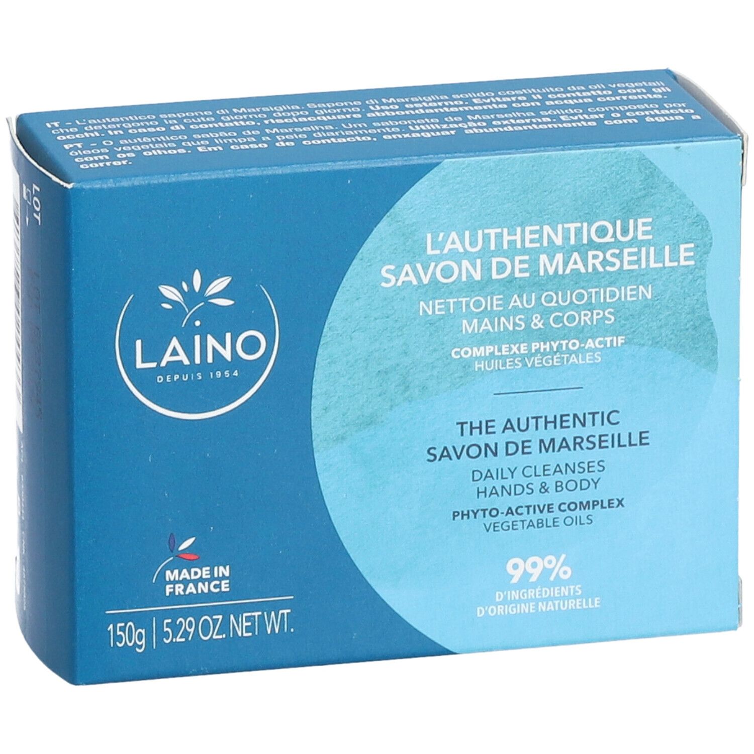 Blaue Schachtel mit Laino Savon Marseille Solide. Text: L'Authentique Savon de Marseille, 99% Inhaltsstoffe natürlichen Ursprungs.