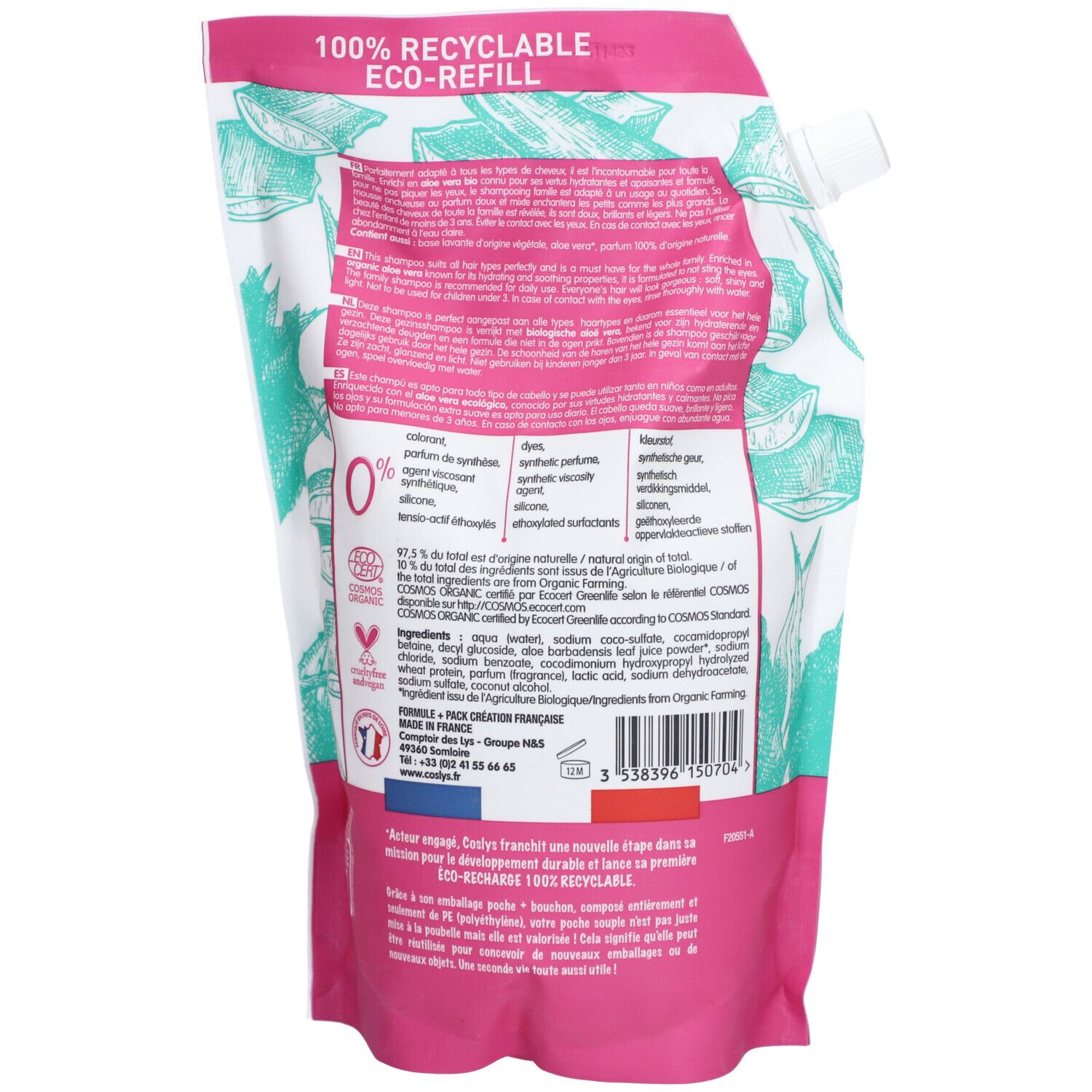 100% recycelbare Nachfüllpackung mit Schraubverschluss. Enthält Inhaltsstoffe aus biologischem Anbau.