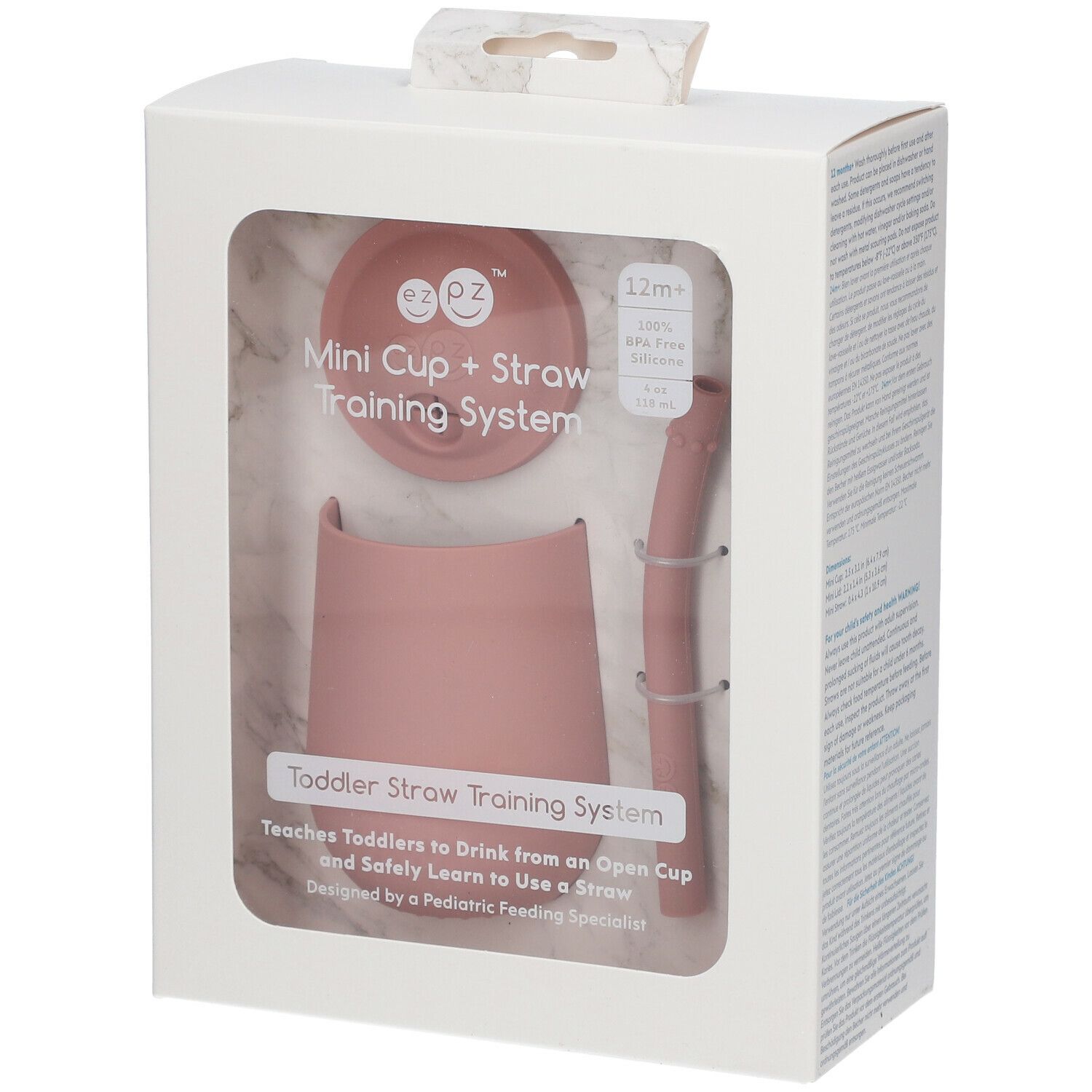 Verpackung mit rosa Becher, Deckel und Strohhalm. Text: Mini Cup + Straw Training System. Geeignet für Kinder ab 12 Monaten.