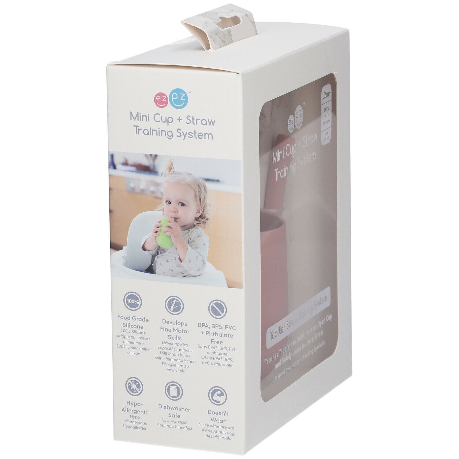 Verpackung mit rosa Becher, Deckel und Strohhalm. Kind trinkt aus Becher. Text: Mini Cup + Straw Training System. Ab 12 Monaten.