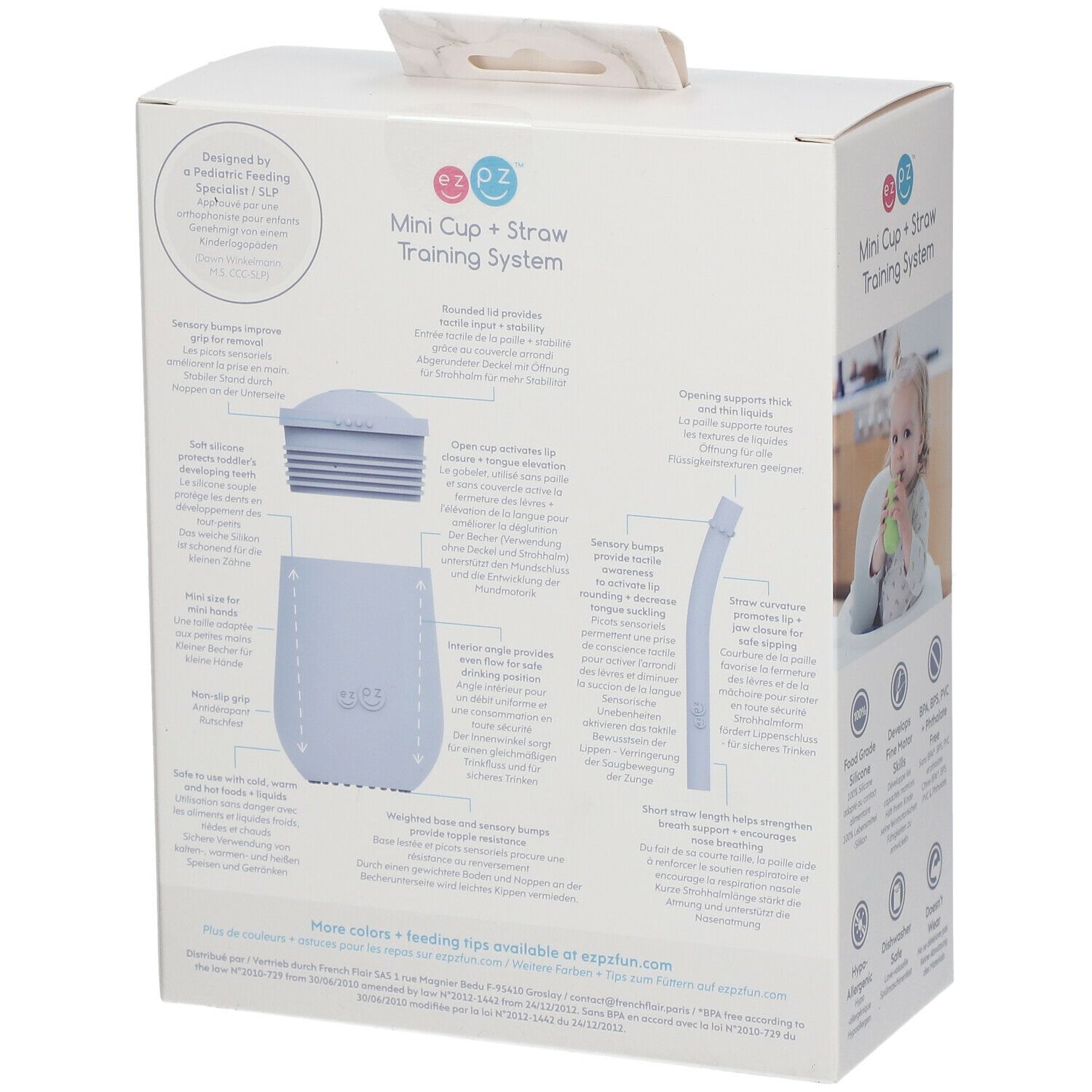 Rückseite der Verpackung mit rosa Becher, Deckel und Strohhalm. Diagramme und Text. Mini Cup + Straw Training System.