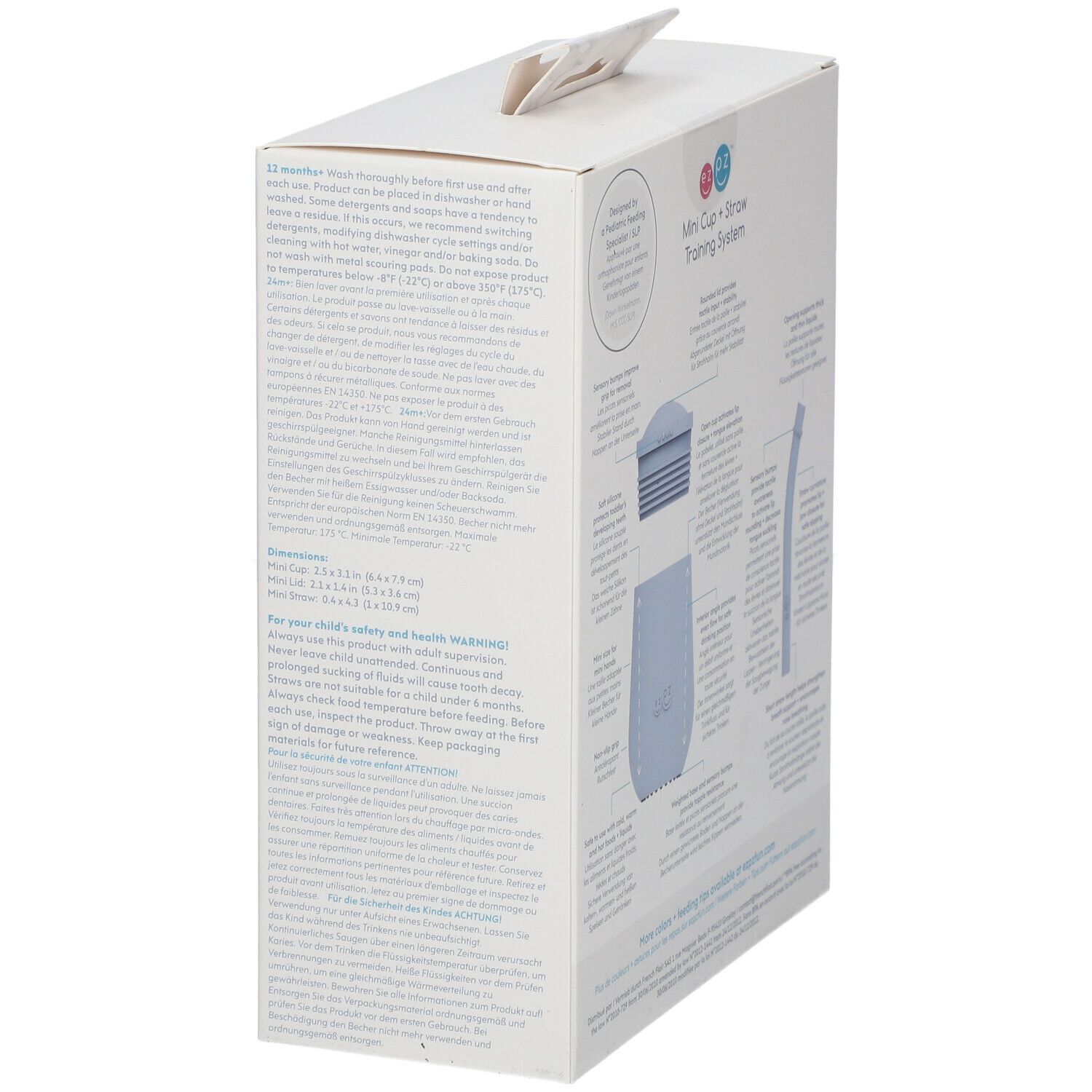 Seite der Verpackung mit rosa Becher, Deckel und Strohhalm. Text und Diagramme. Mini Cup + Straw Training System.