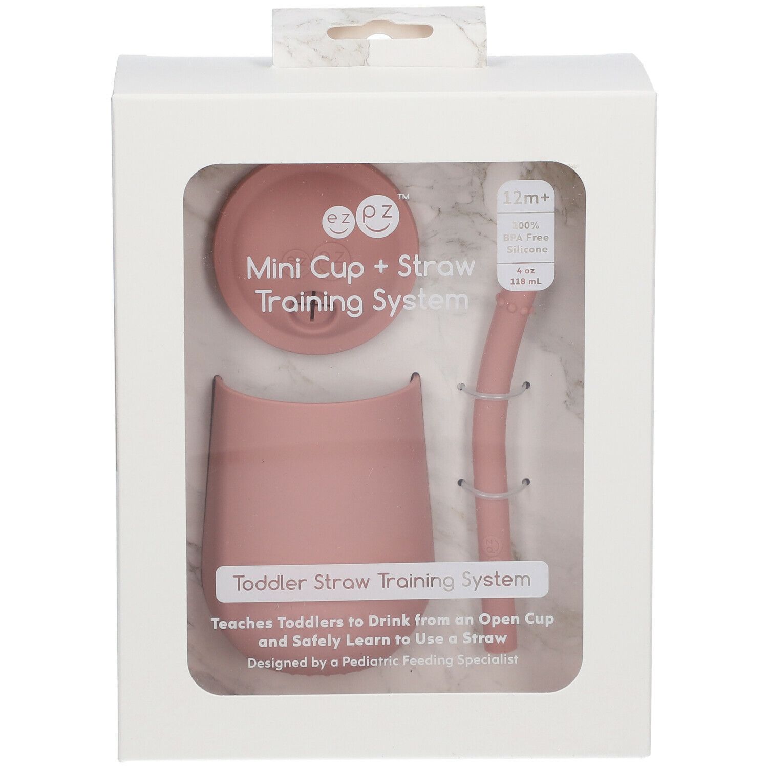 Rosa Becher, Deckel und Strohhalm in Verpackung. Text: Mini Cup + Straw Training System. Geeignet für Kinder ab 12 Monaten.