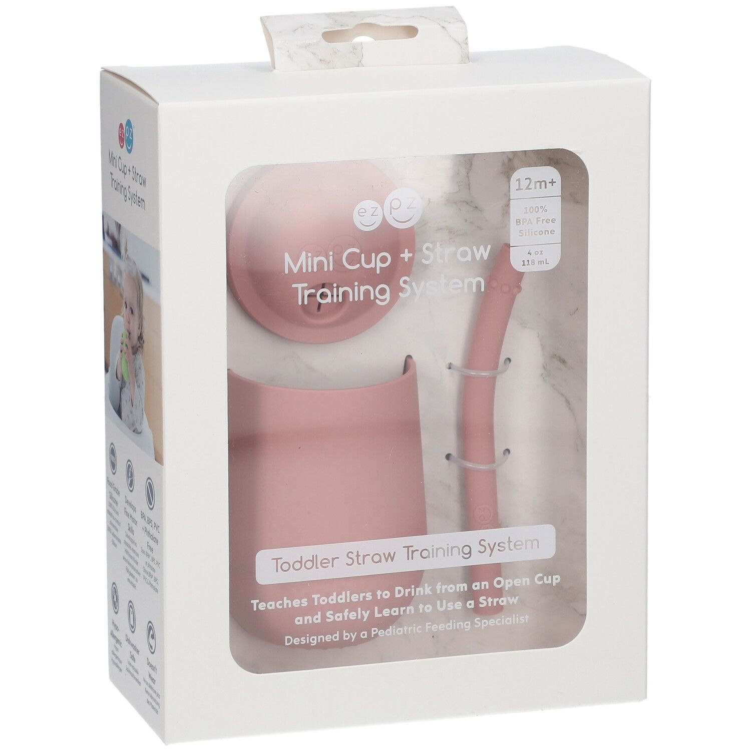 Rosa Becher, Deckel und Strohhalm in Verpackung. Text: Mini Cup + Straw Training System. Geeignet für Kinder ab 12 Monaten.