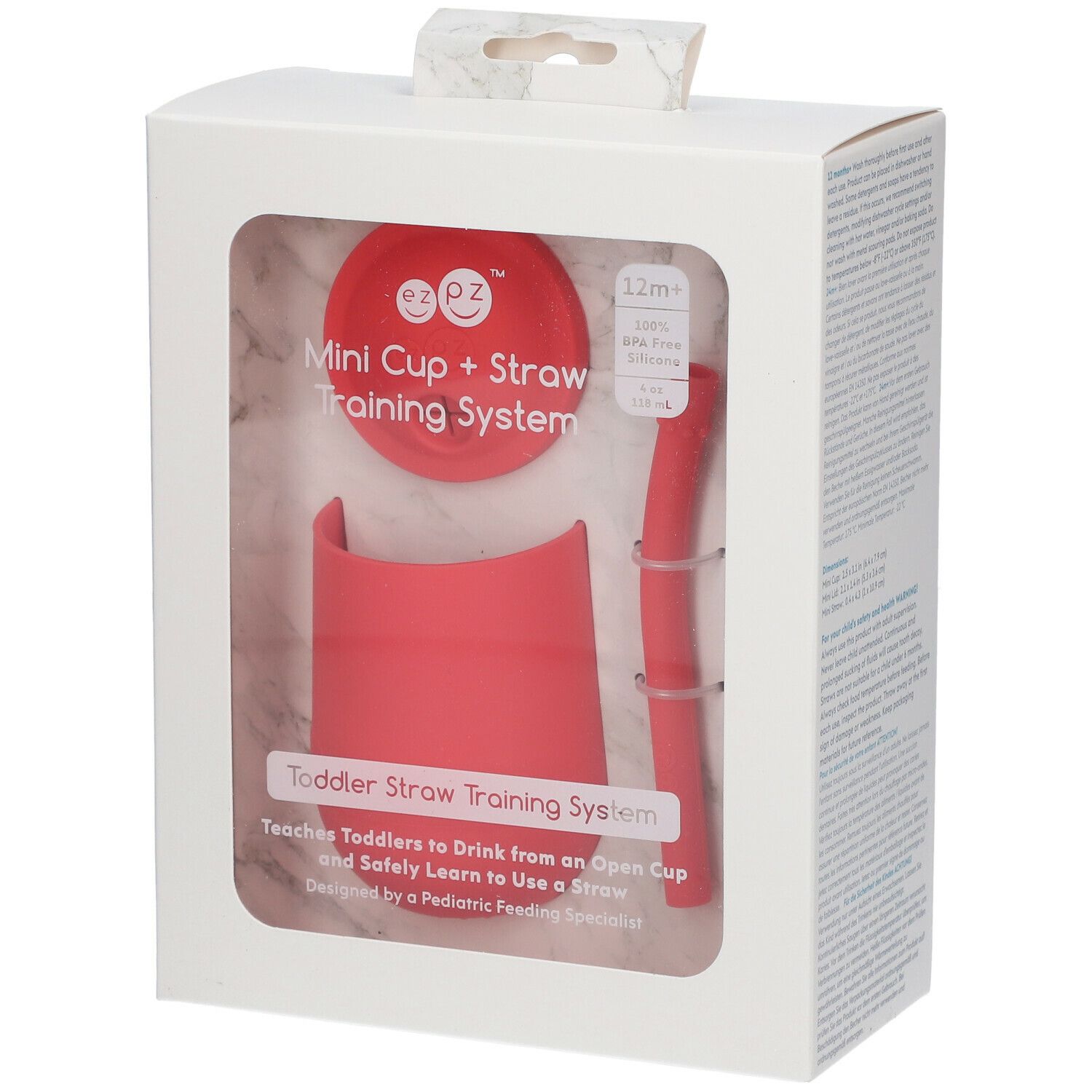Emballage EzPz Mini Tasse + Paille Corail. Comprend tasse, couvercle et paille. Silicone corail. Fenêtre transparente.