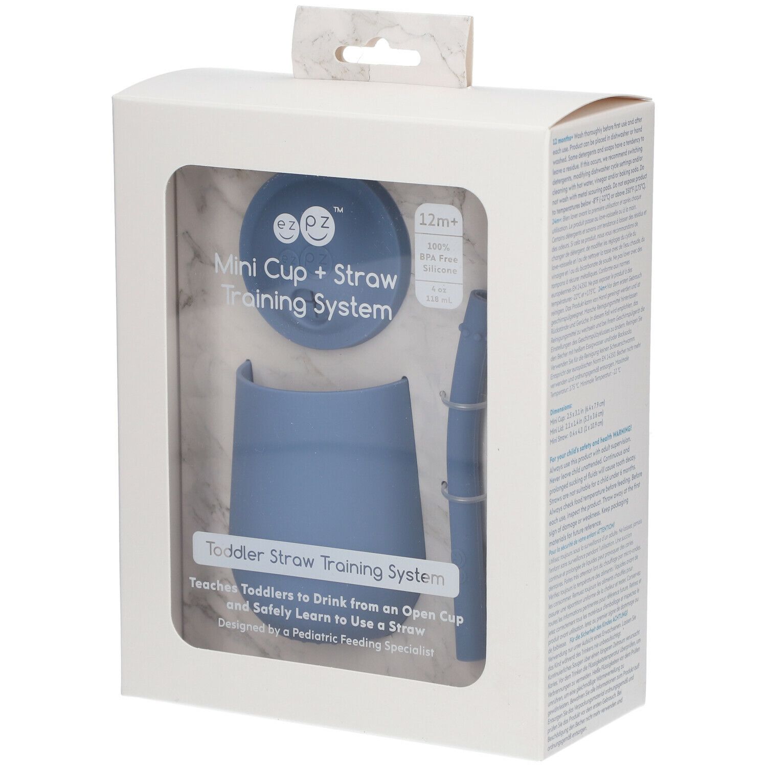 Verpakking met blauwe mini-beker, deksel en rietje. Tekst: Mini Cup + Straw Training System.