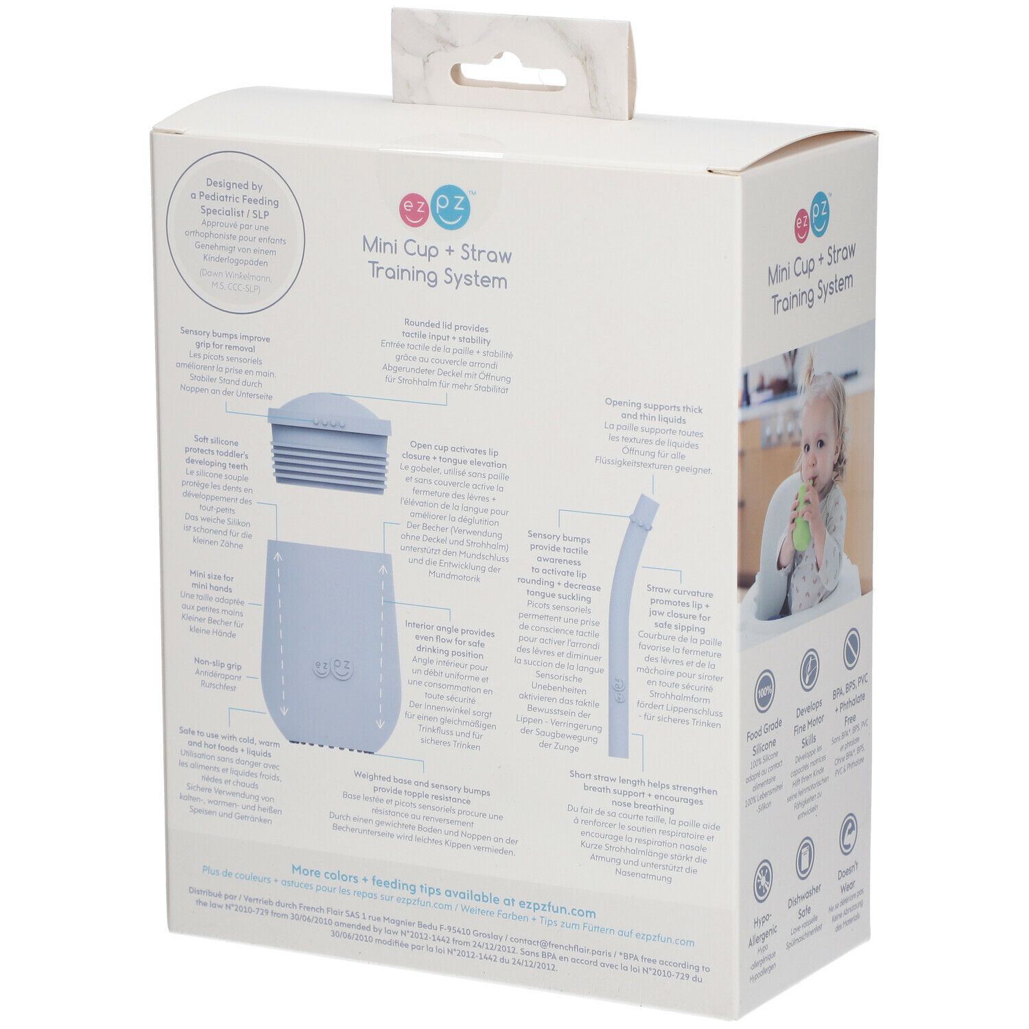 Achterkant van de verpakking. Mini Cup + Straw Training System. Productbeschrijvingen, illustraties.