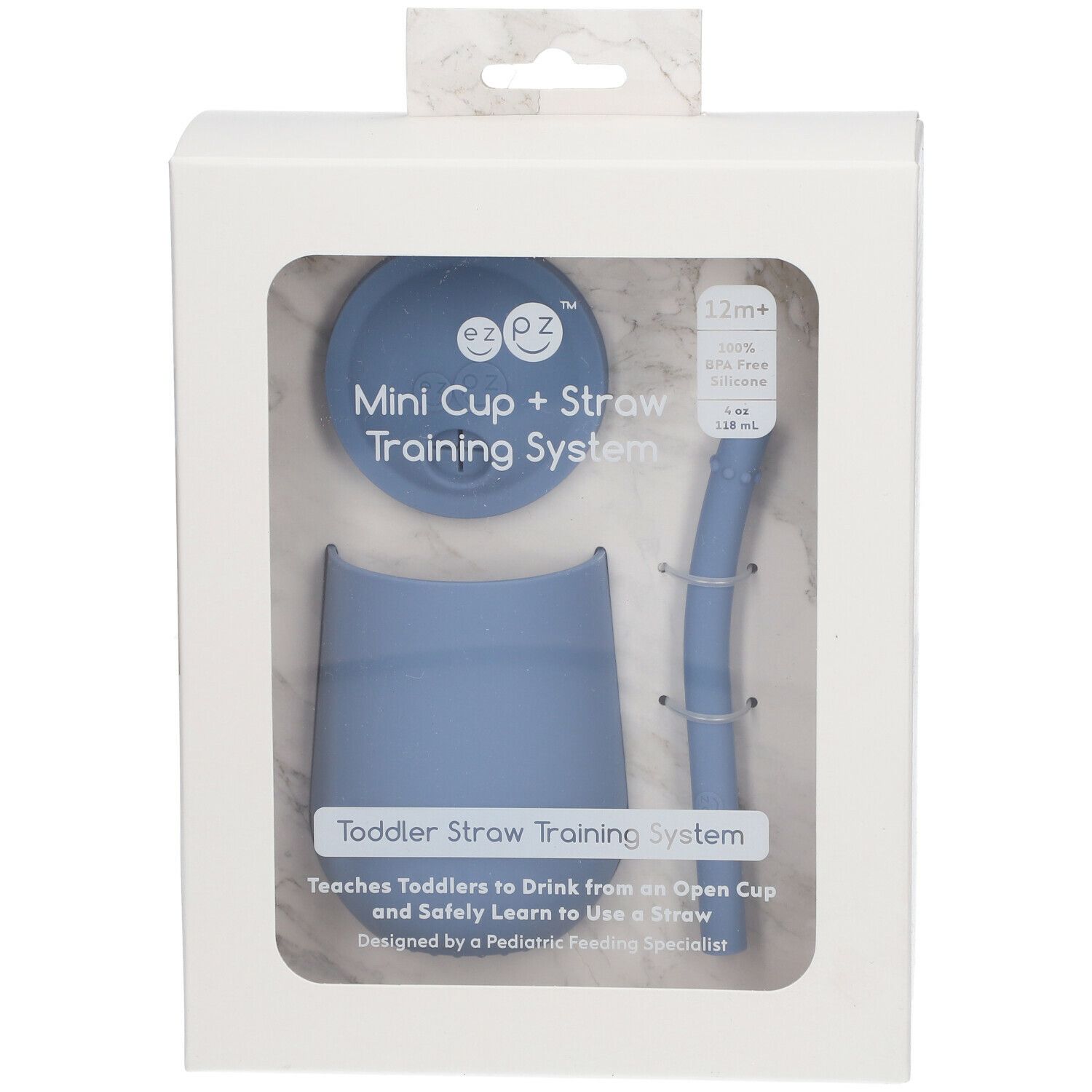 Verpakking met blauwe mini-beker, deksel en rietje. Tekst: Mini Cup + Straw Training System.