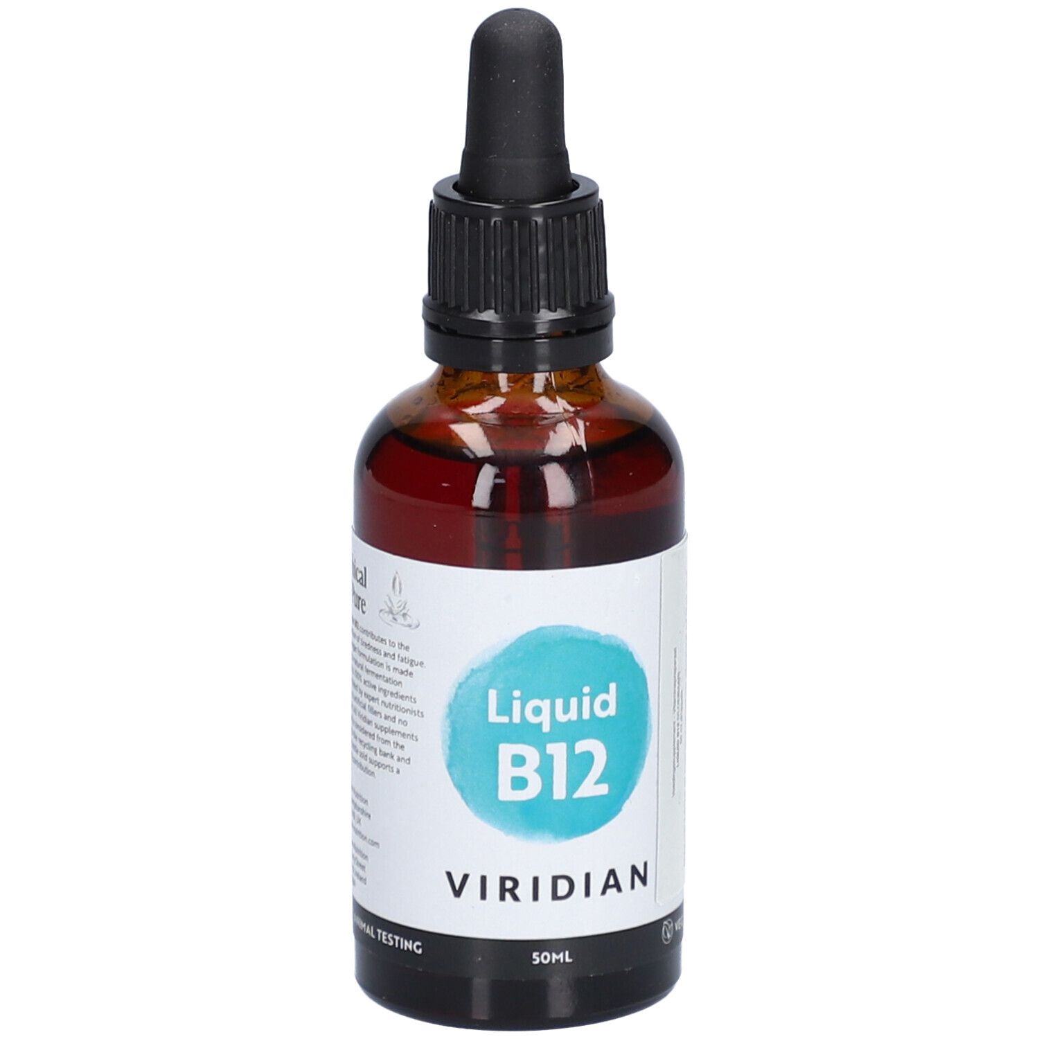 Braune Glasflasche mit schwarzem Deckel und Pipette. Aufkleber mit "Liquid B12" und "Viridian".