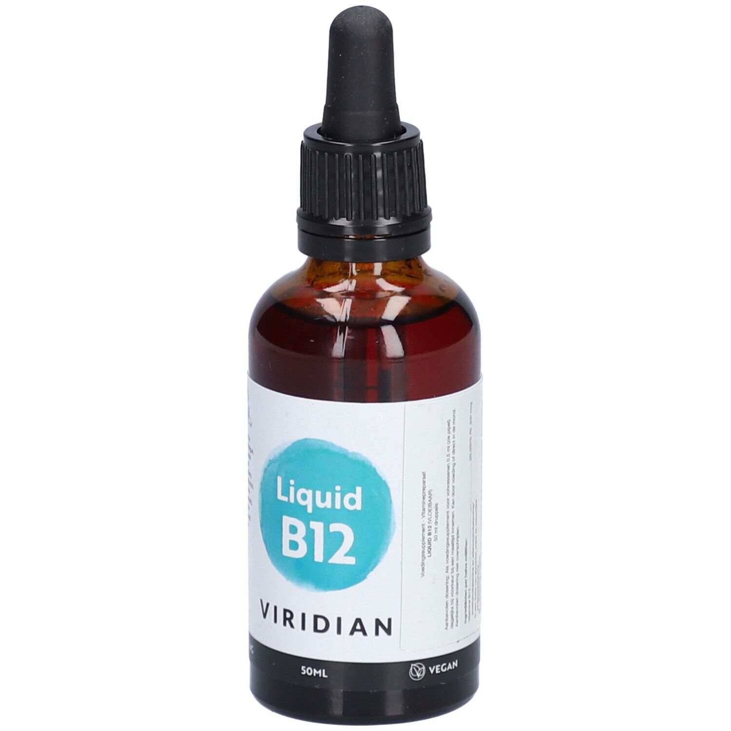 Braune Glasflasche mit schwarzem Deckel und Pipette. Aufkleber mit "Liquid B12" und "Viridian".