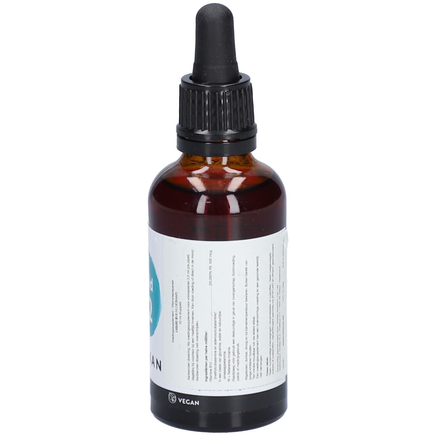 Braune Glasflasche mit schwarzem Deckel und Pipette. Etikett mit Text und Vegan-Logo.