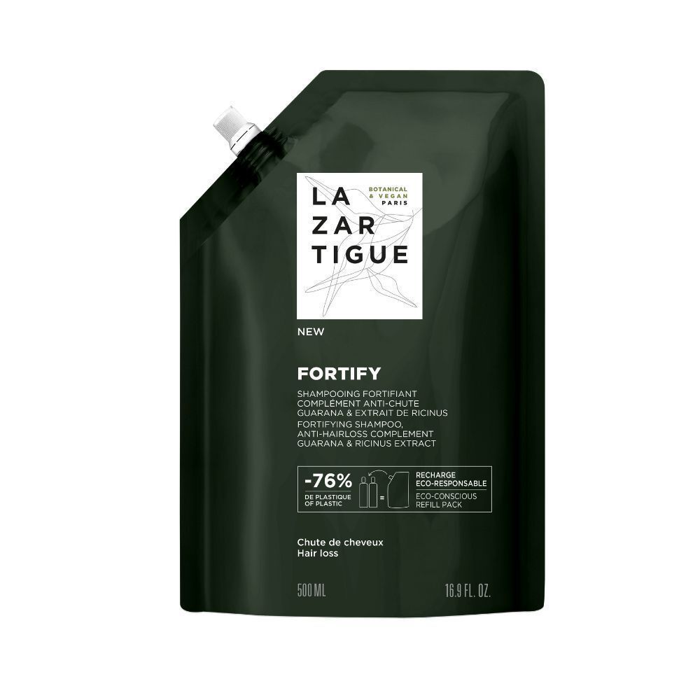 Recharge vert foncé avec bouchon blanc. Texte: Fortify Shampooing Fortifiant, Guarana & Extrait de Ricinus. -76% de plastique. 500 ml.