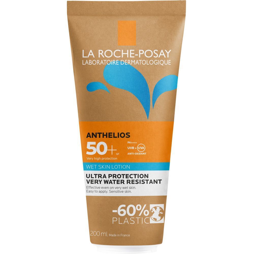 Tube zonnebrandlotion Anthelios 50+ van La Roche-Posay. Ultra bescherming, waterbestendig. Bruine verpakking met blauwe en oranje elementen.