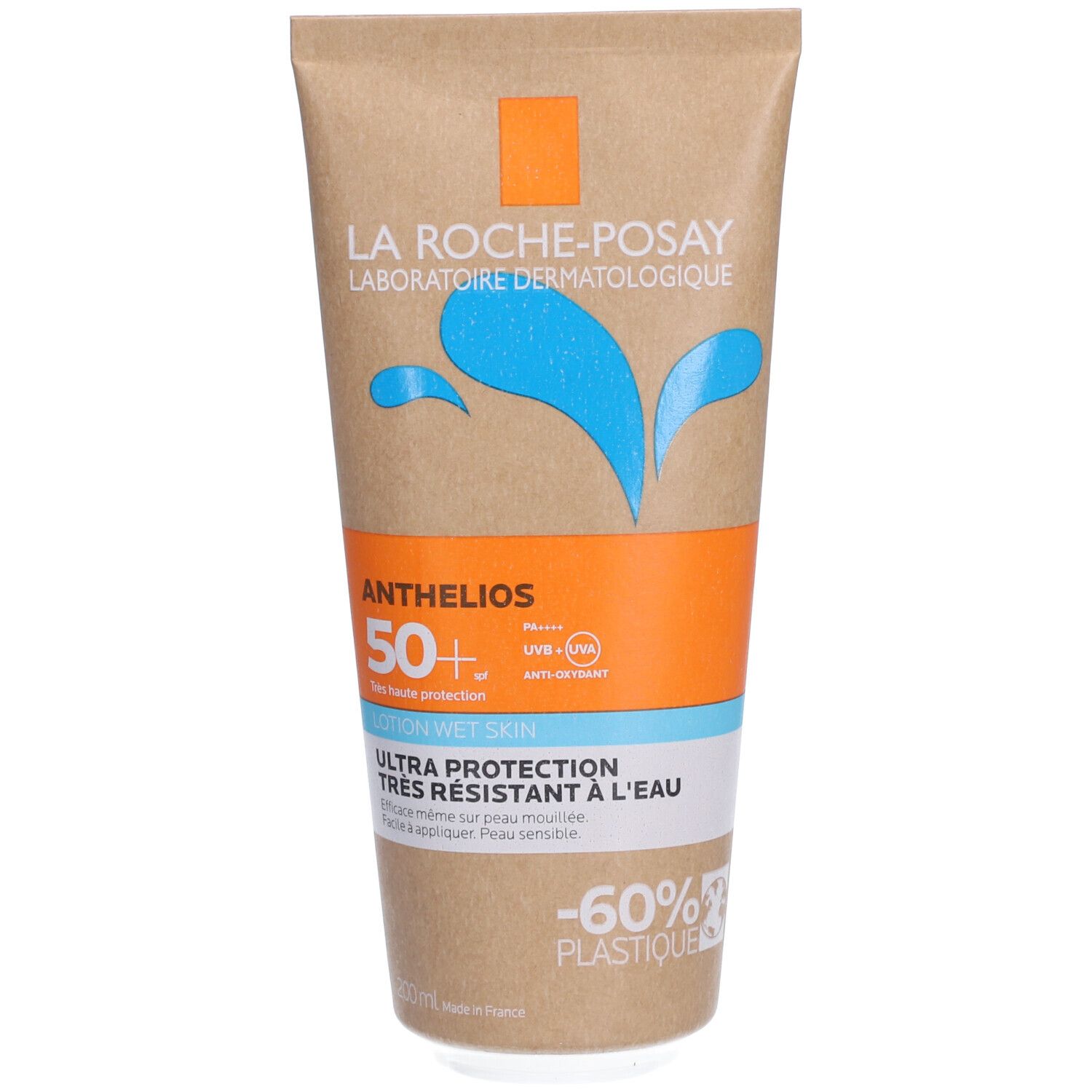 Tube zonnebrandlotion Anthelios 50+ van La Roche-Posay. Ultra bescherming, waterbestendig. Bruine verpakking met blauwe en oranje elementen.