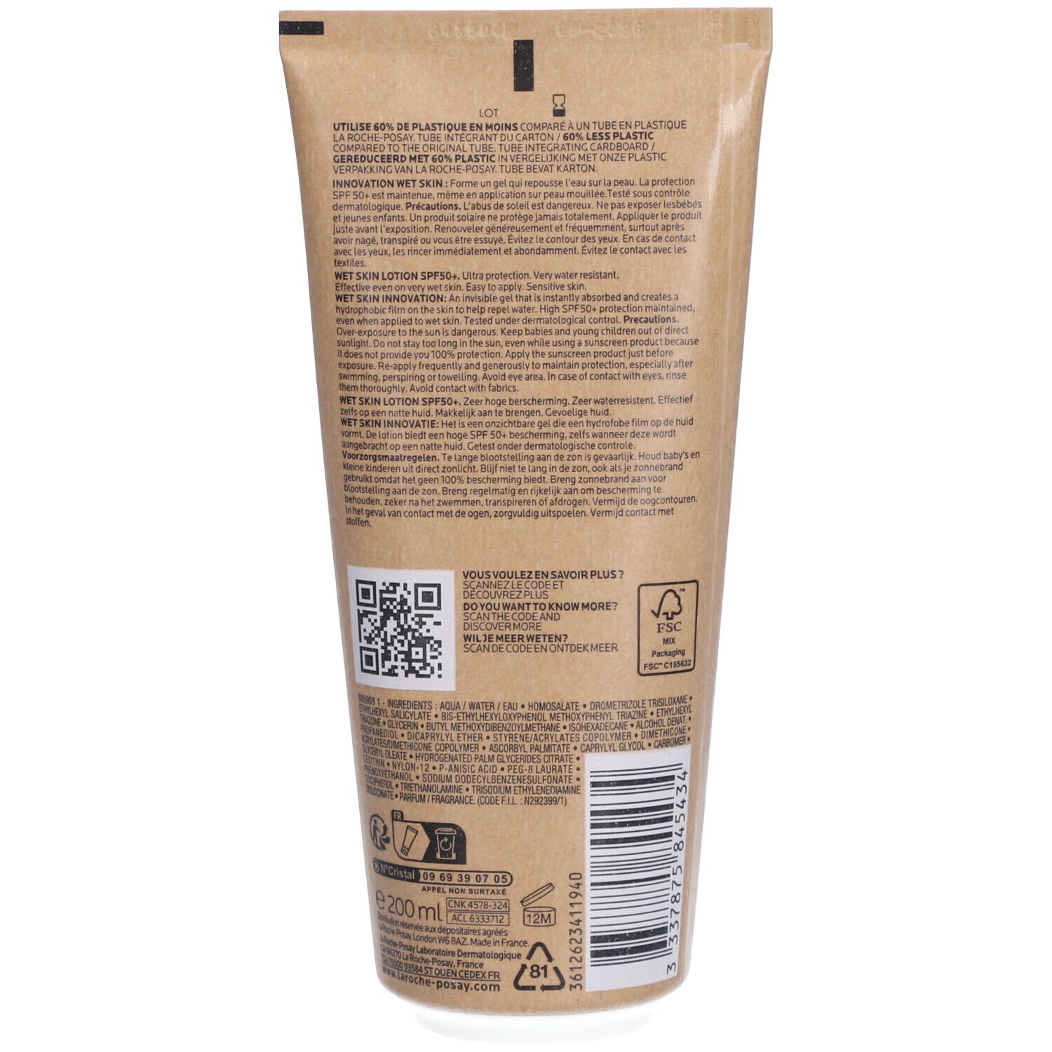 Achterkant van de zonnebrandlotion tube. Tekstinformatie, QR-code, barcode. FSC-logo. Merk La Roche-Posay, Anthelios 50+.