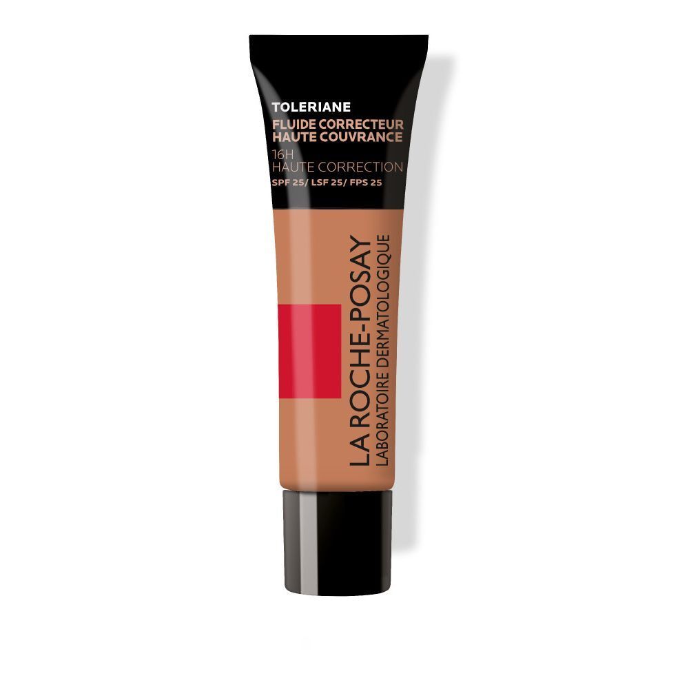 La Roche-Posay Toleriane Fluide Correcteur Haute Couvrance SPF25. Tube de fond de teint beige. Bouchon noir, bande rouge, noms de produits.