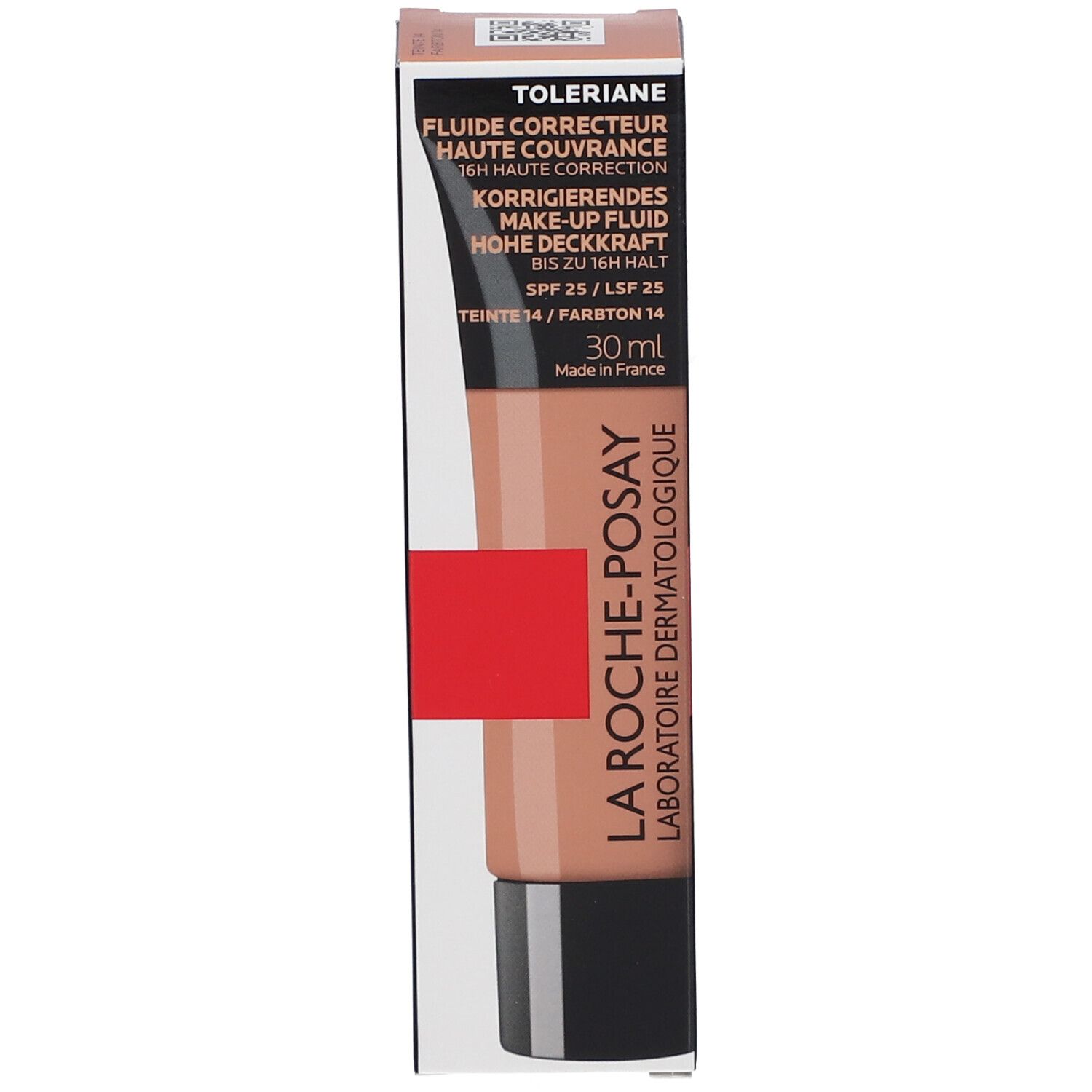 La Roche-Posay Toleriane Fluide Correcteur SPF25 en emballage. Boîte avec noms de produits, Teinte 14, 30 ml.