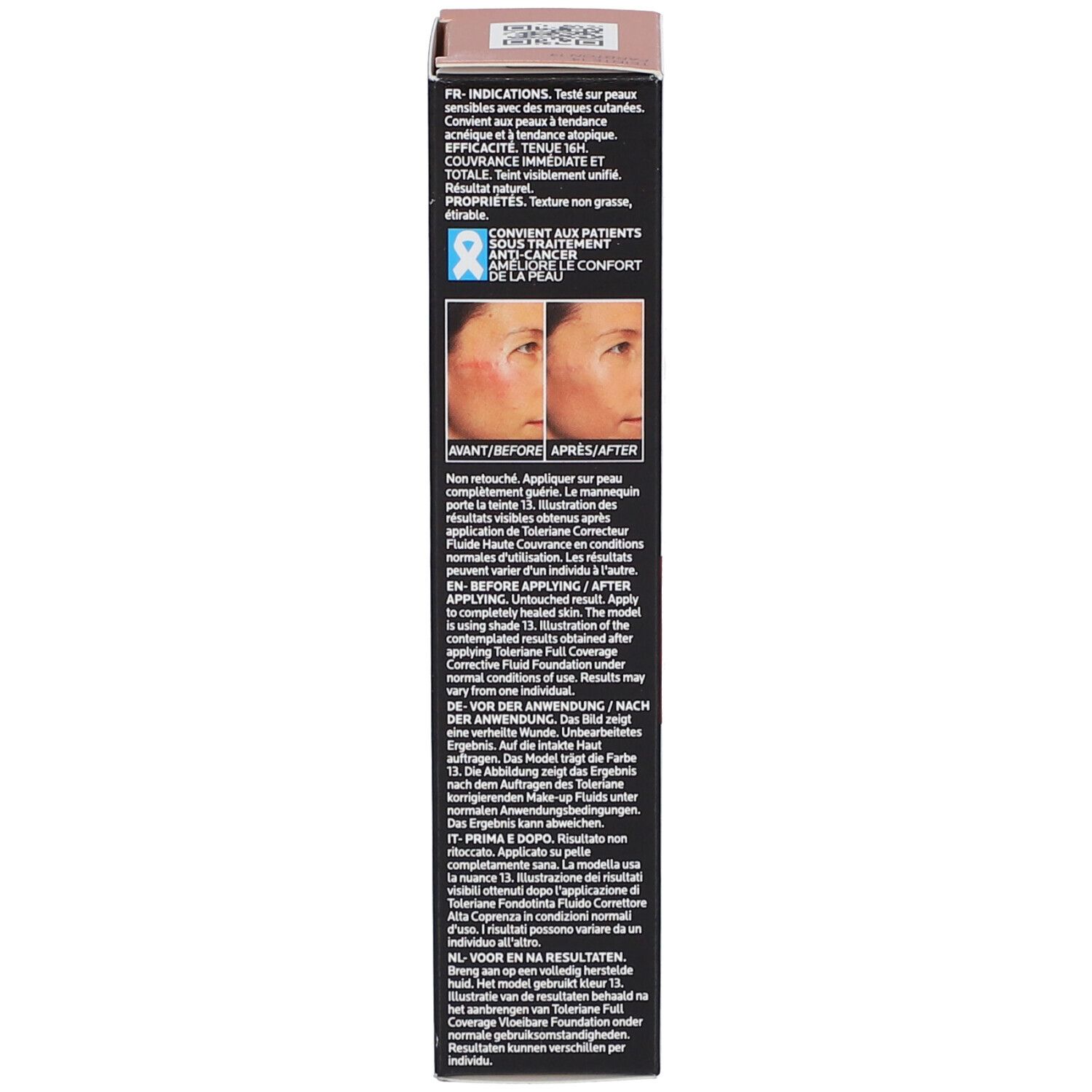 Dos de l'emballage La Roche-Posay Toleriane Fluide Correcteur. Informations produit, utilisation, photos avant/après.