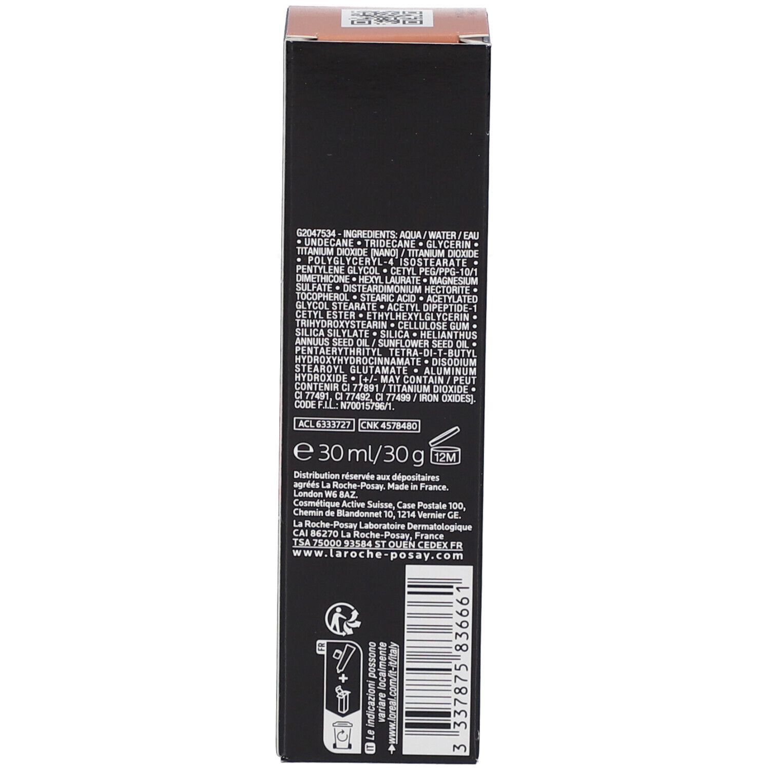 Côté de l'emballage La Roche-Posay Toleriane Fluide Correcteur. Ingrédients, numéro de lot, informations fabricant, 30 ml.