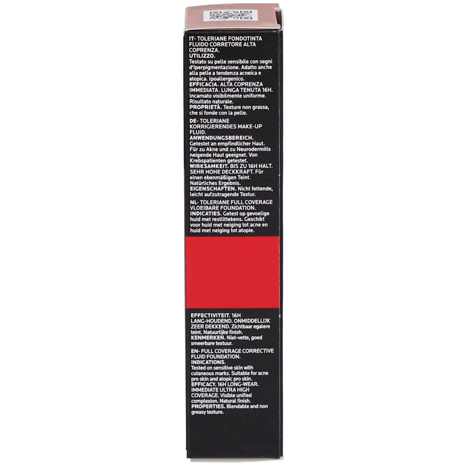 Côté de l'emballage La Roche-Posay Toleriane Fluide Correcteur. Informations produit, utilisation, Teinte 14, 30 ml.