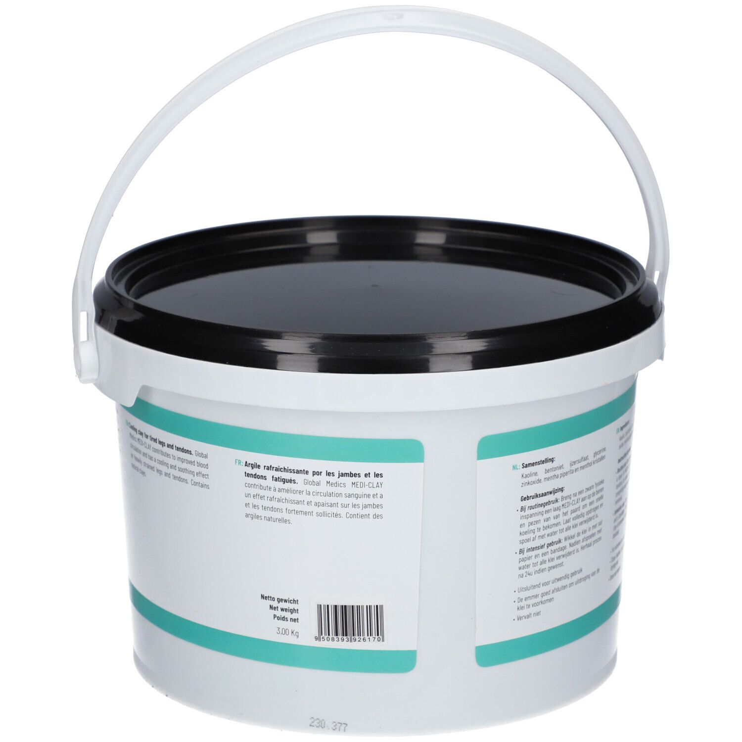 Seau blanc avec couvercle noir et anse. Texte sur le côté. Informations sur le produit. Marque: Global Medics. Poids net: 1,5 kg.