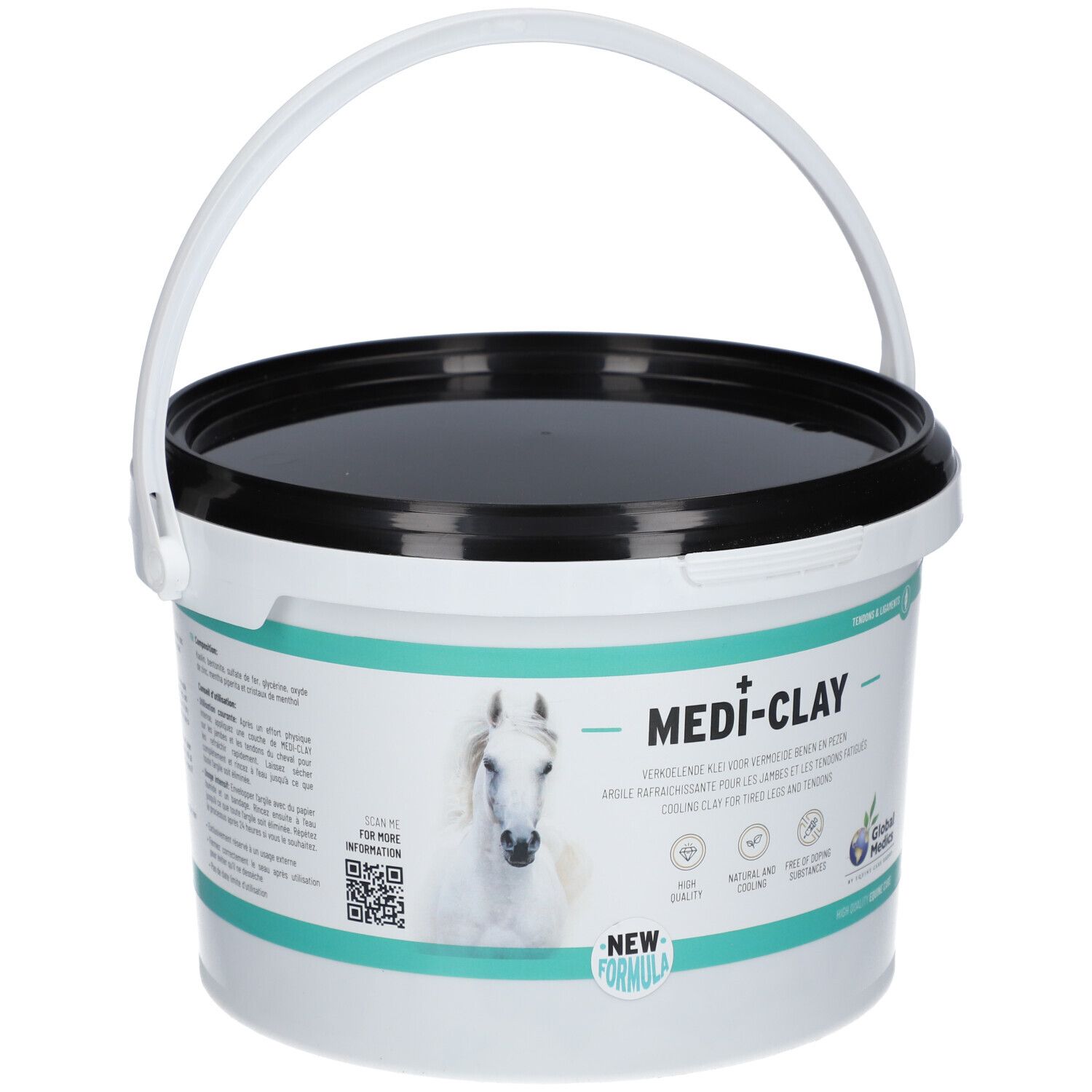 Seau blanc avec couvercle noir et anse. Texte: Medi-Clay. Image d'un cheval. Marque: Global Medics. Texte: Argile rafraîchissante.