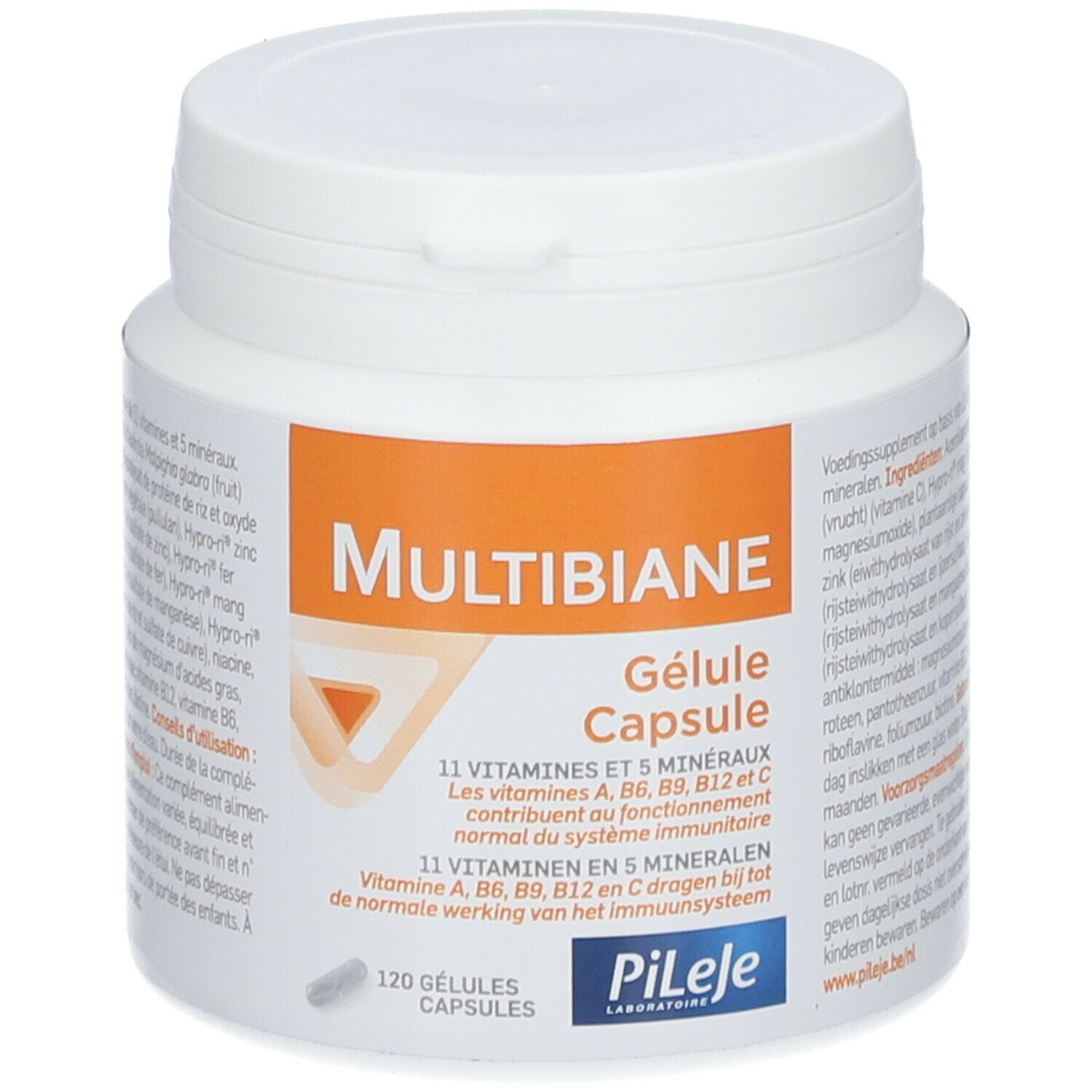 Witte pot met oranje etiket. Opschrift: MULTIBIANE Gélule Capsule. Bevat 120 capsules.